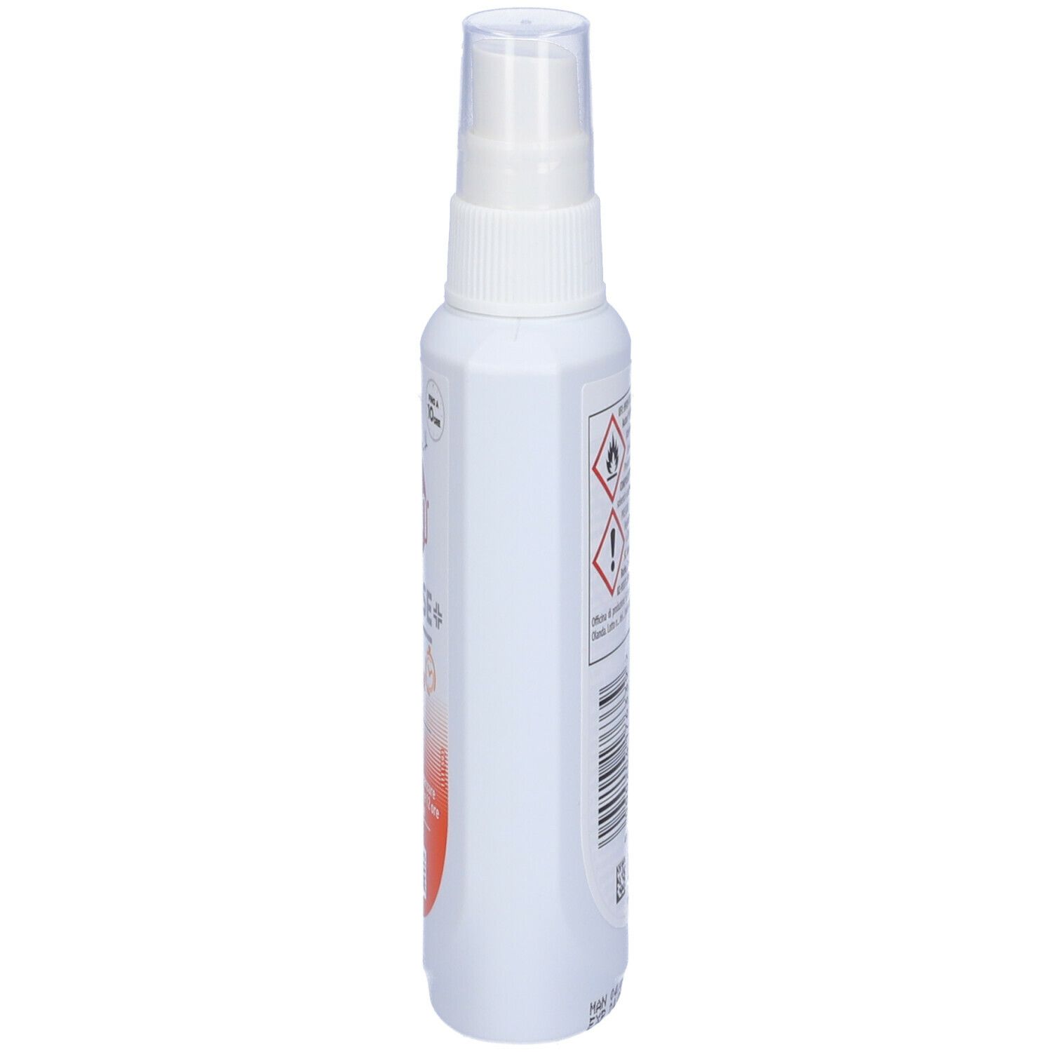 Flacone spray bianco, vista laterale. Scritta illeggibile. Testina spray trasparente. Striscia arancione.
