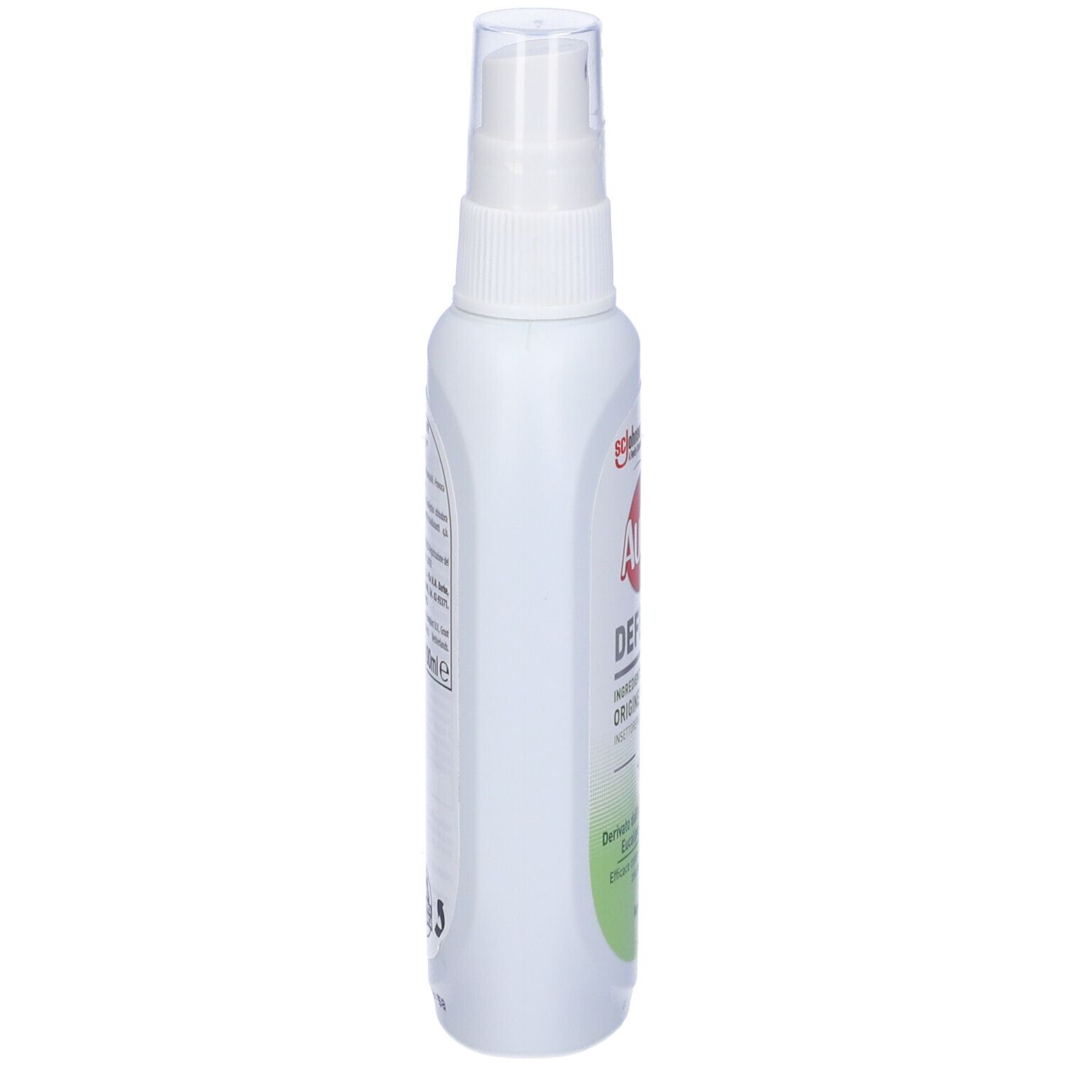 Weiße Sprühflasche, Seitenansicht. Transparenter Sprühkopf. Text auf der Flasche. Produktname: Autan Defense.