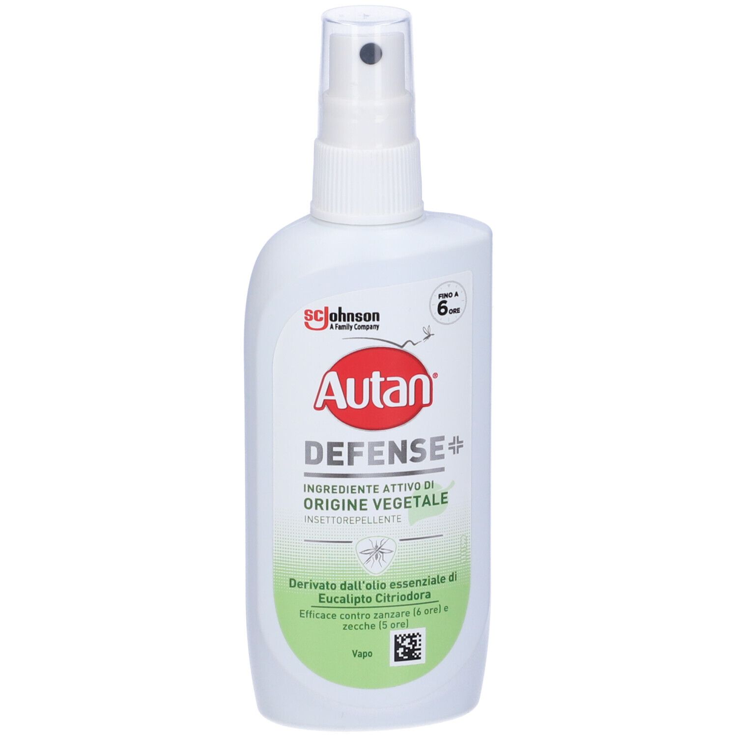 Weiße Sprühflasche mit rotem Logo und Text. Produktname: Autan Defense. Grüne Beschriftung unten. Transparenter Sprühkopf.