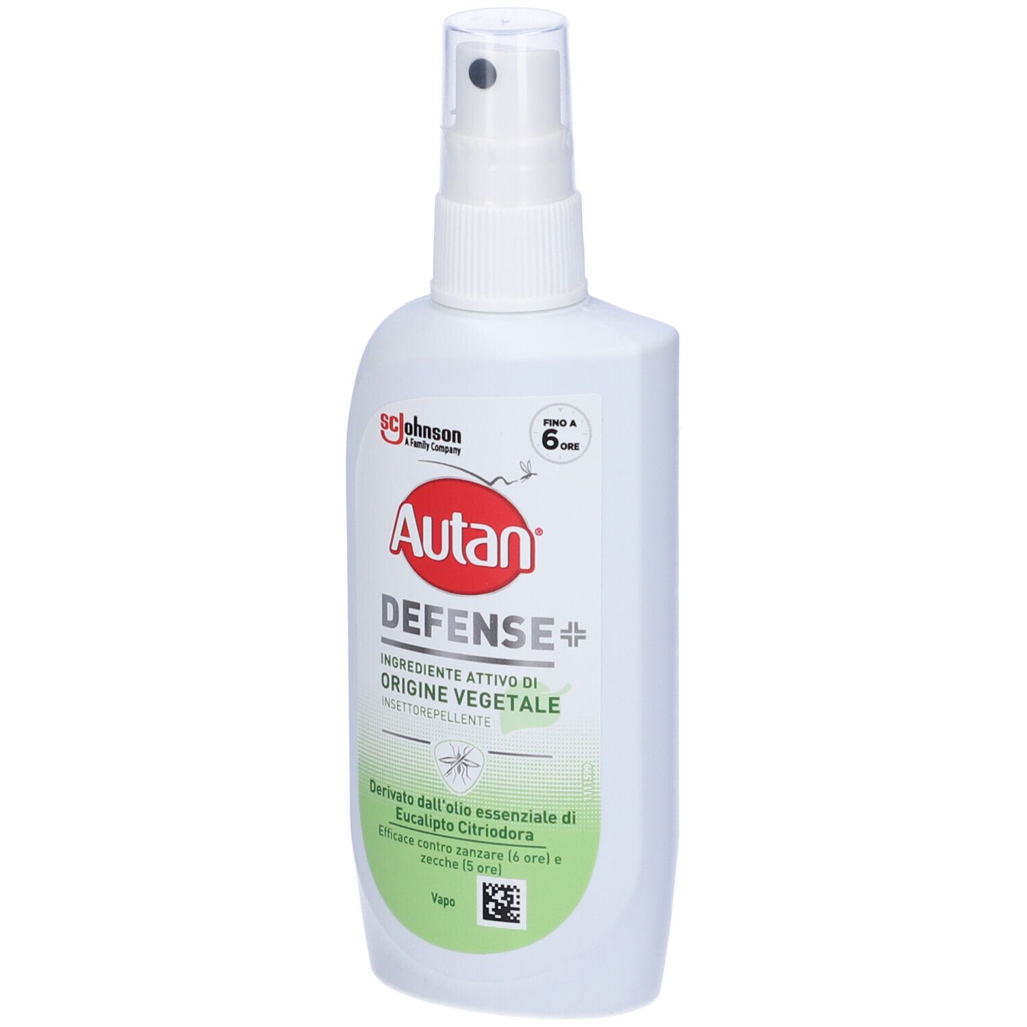 Weiße Sprühflasche mit rotem Logo und Text. Produktname: Autan Defense. Grüne Beschriftung unten. Transparenter Sprühkopf.