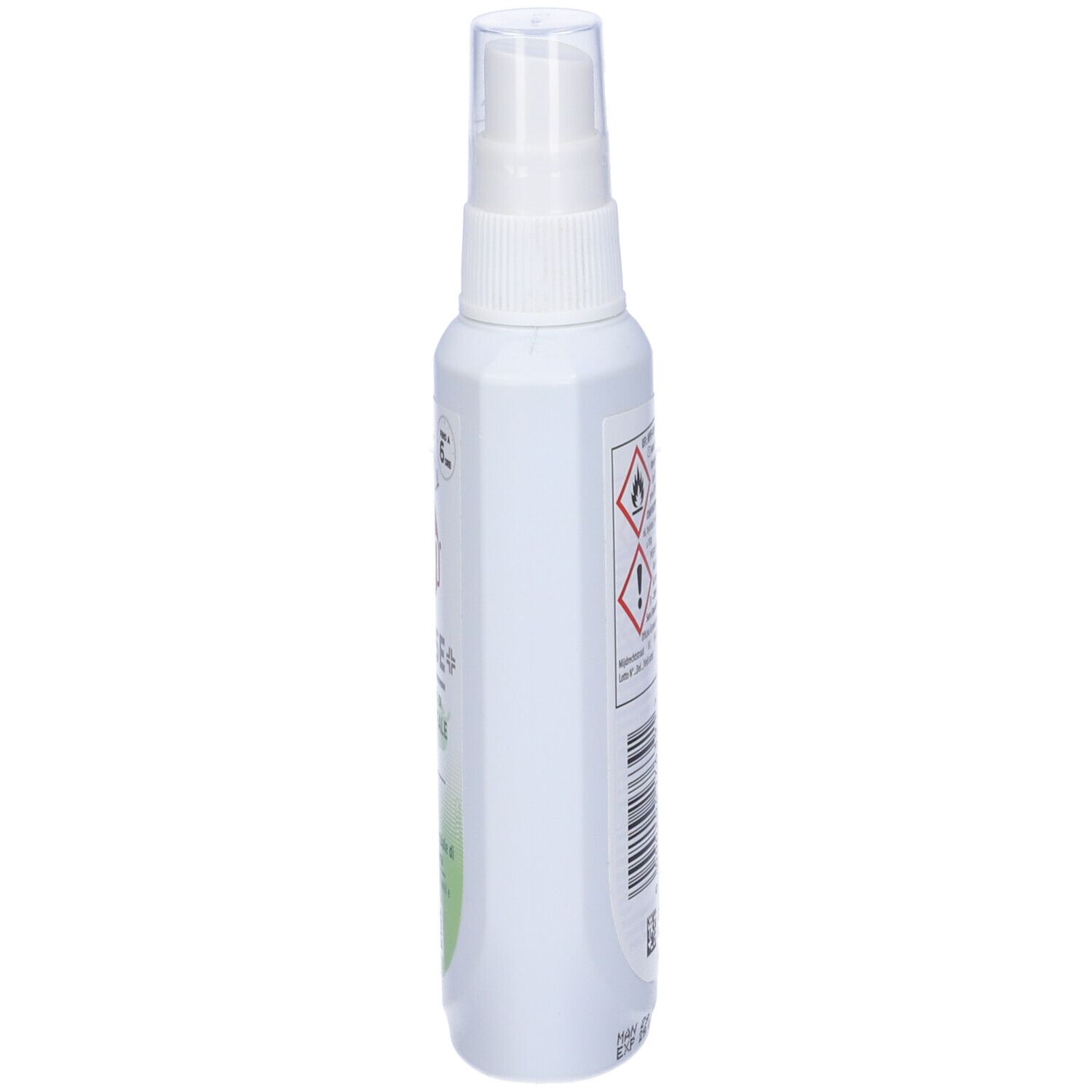 Weiße Sprühflasche, Seitenansicht. Transparenter Sprühkopf. Text auf der Flasche. Warnhinweise und Barcode.