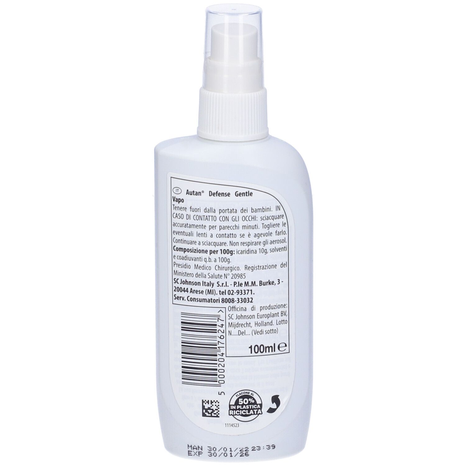 Rückseite der weißen Sprühflasche. Text und Barcode. 100ml-Angabe. Recycling-Logo.