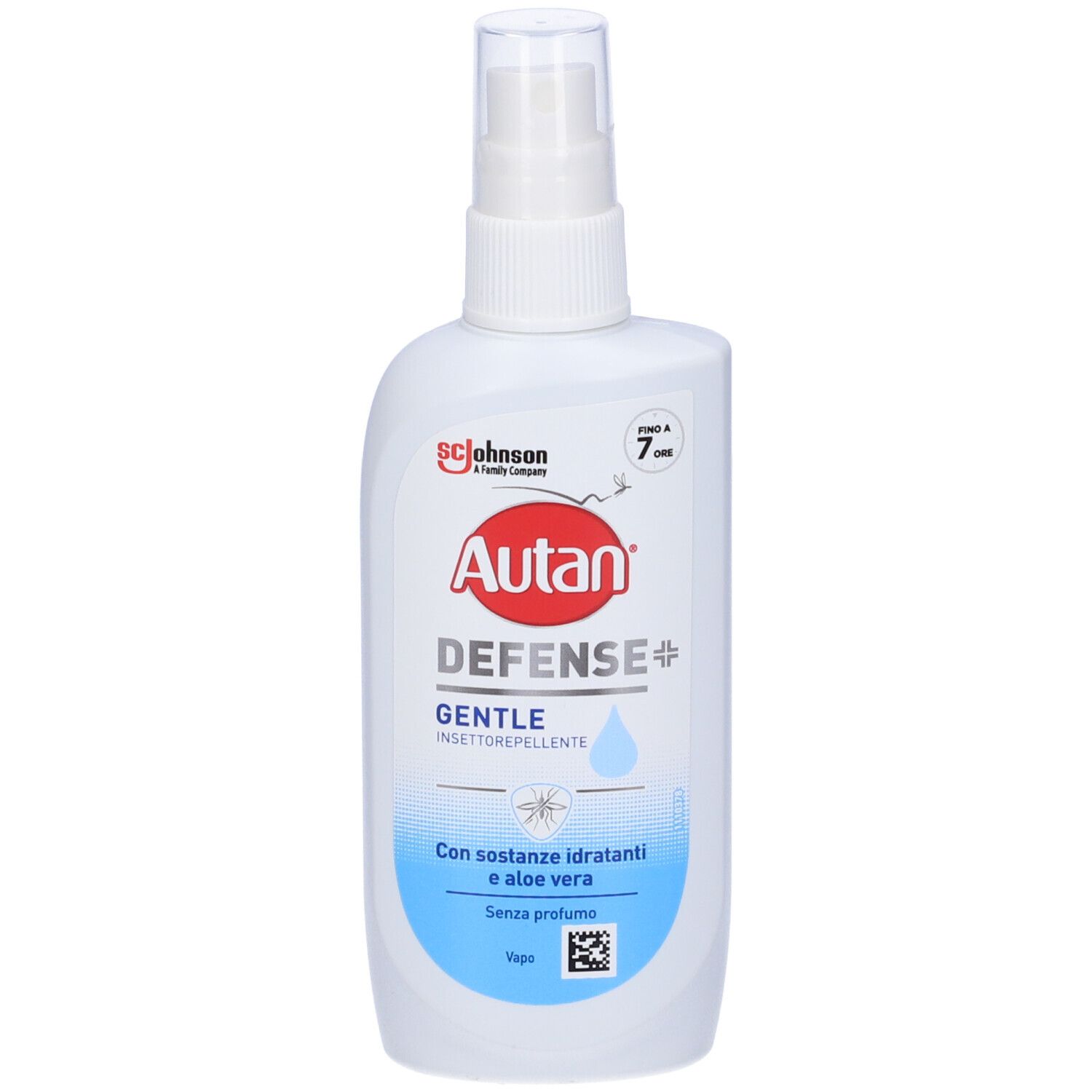 Weiße Sprühflasche mit rotem Autan-Logo. Text: DEFENSE+, GENTLE, Insektenschutzmittel. Blaue Textfelder mit Inhaltsstoffen.