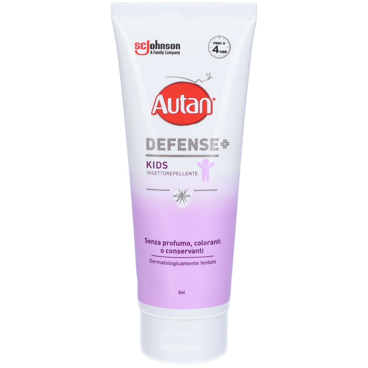 Tubo bianco con logo Autan rosso e scritta 'DEFENSE+ KIDS'. Contiene repellente per insetti. Dermatologicamente testato.