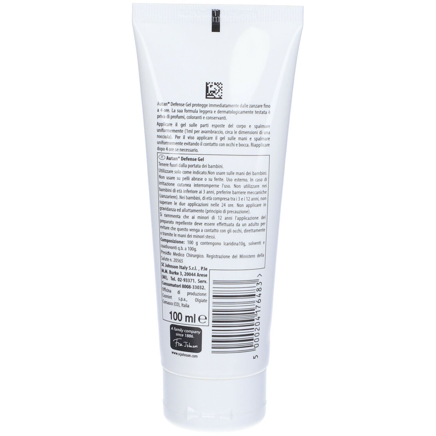 Retro del tubo bianco. Contiene testo in italiano, codice a barre e indicazione '100 ml'.
