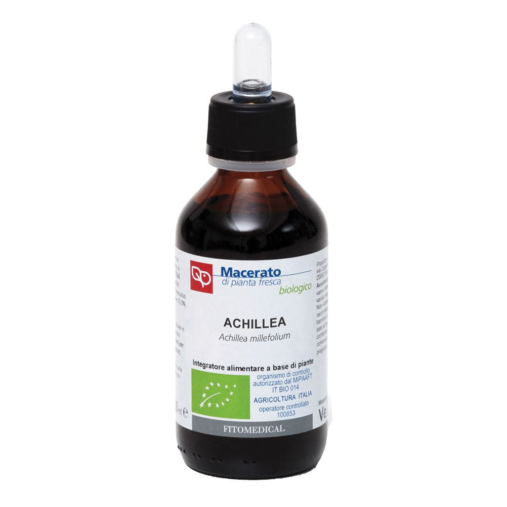 Flacone di vetro marrone con tappo nero e pipetta. Etichetta con testo e logo. Certificazione biologica.