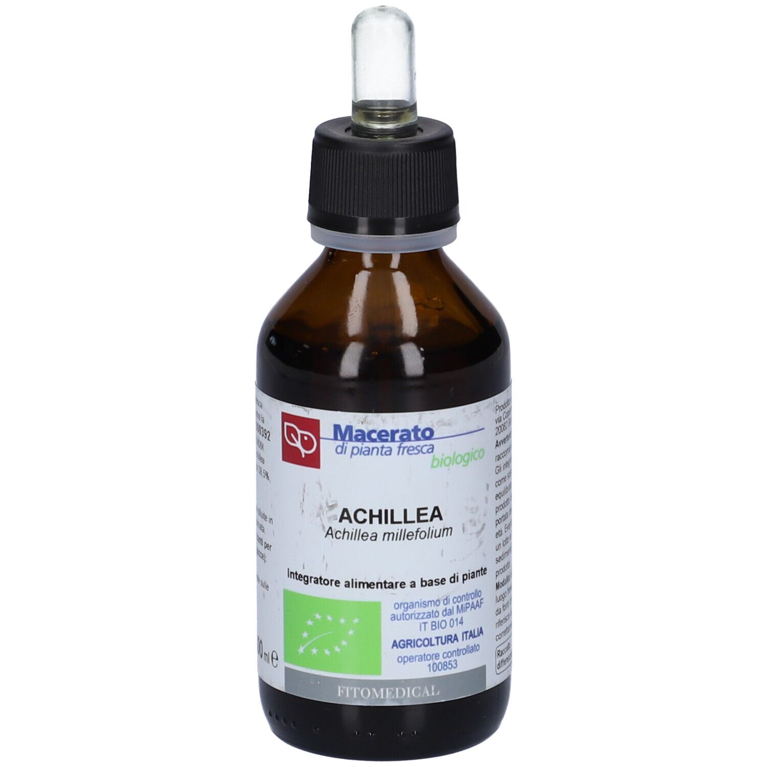Flacone di vetro marrone con tappo nero e pipetta. Etichetta con nome del prodotto e logo. Certificazione biologica.