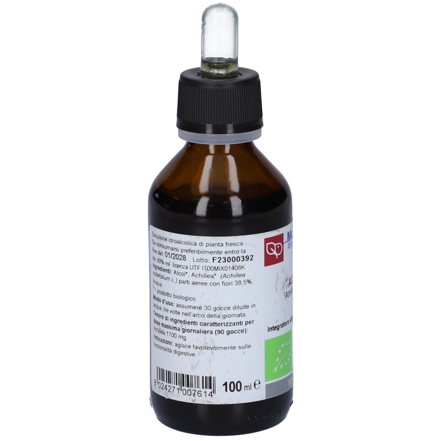 Flacone di vetro marrone con tappo nero e pipetta. Etichetta con testo e logo. Certificazione biologica e ingredienti.