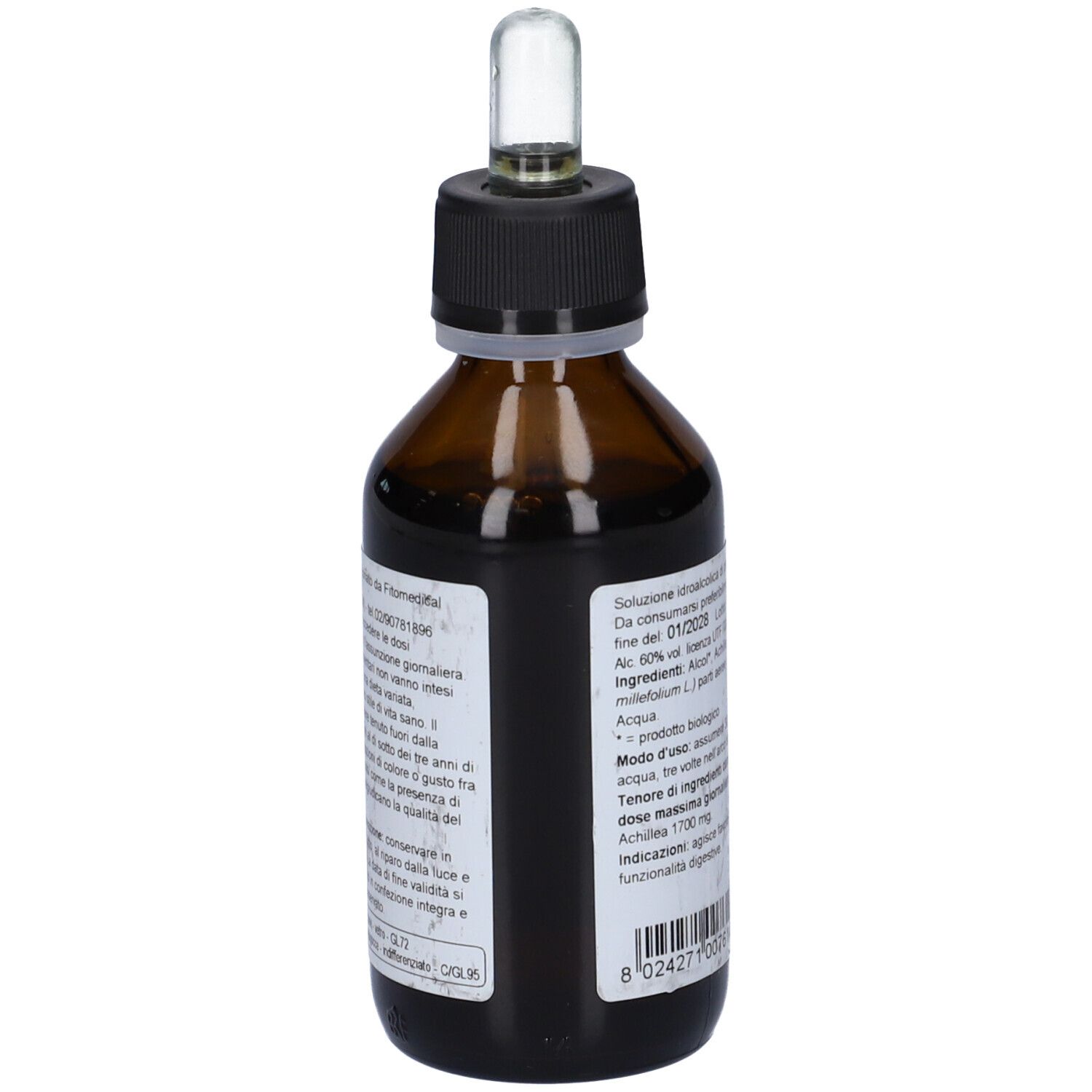 Flacone di vetro marrone con tappo nero e pipetta. Etichetta con testo e logo. Certificazione biologica e ingredienti.