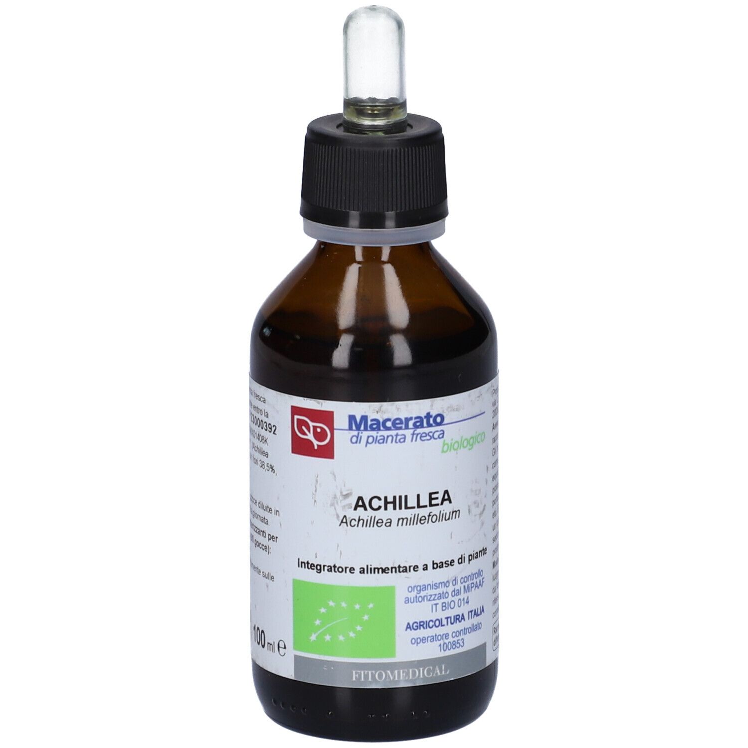 Flacone di vetro marrone con tappo nero e pipetta. Etichetta con nome del prodotto e logo. Certificazione biologica.