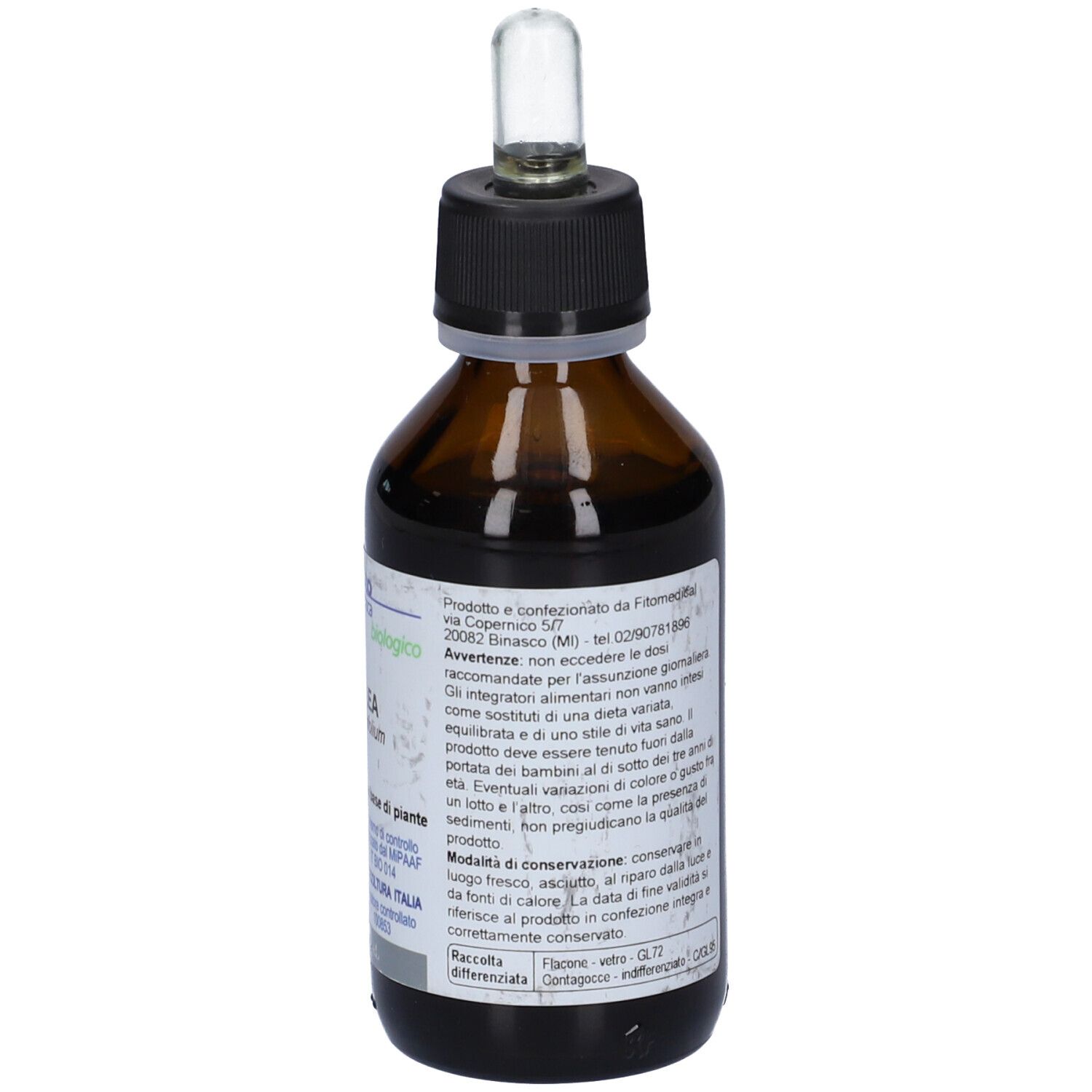 Flacone di vetro marrone con tappo nero e pipetta. Etichetta con testo e logo. Certificazione biologica e informazioni produttore.