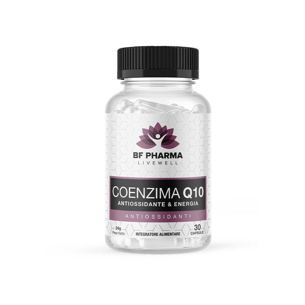 Flacone di capsule con tappo nero. Scritta: Coenzima Q10, antiossidante & energia. Marchio: BF Pharma Livewell.