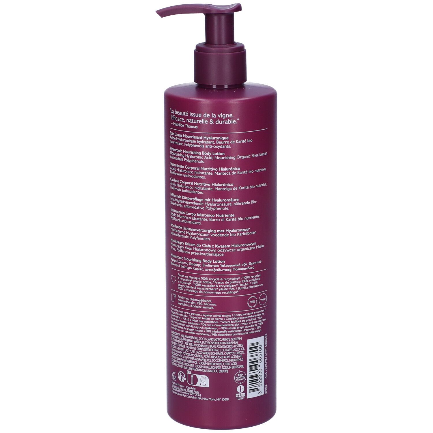 Retro flacone. Informazioni sul prodotto e ingredienti. Testo: Thé des Vignes, Soin Corps Nourrissant Hyaluronique.