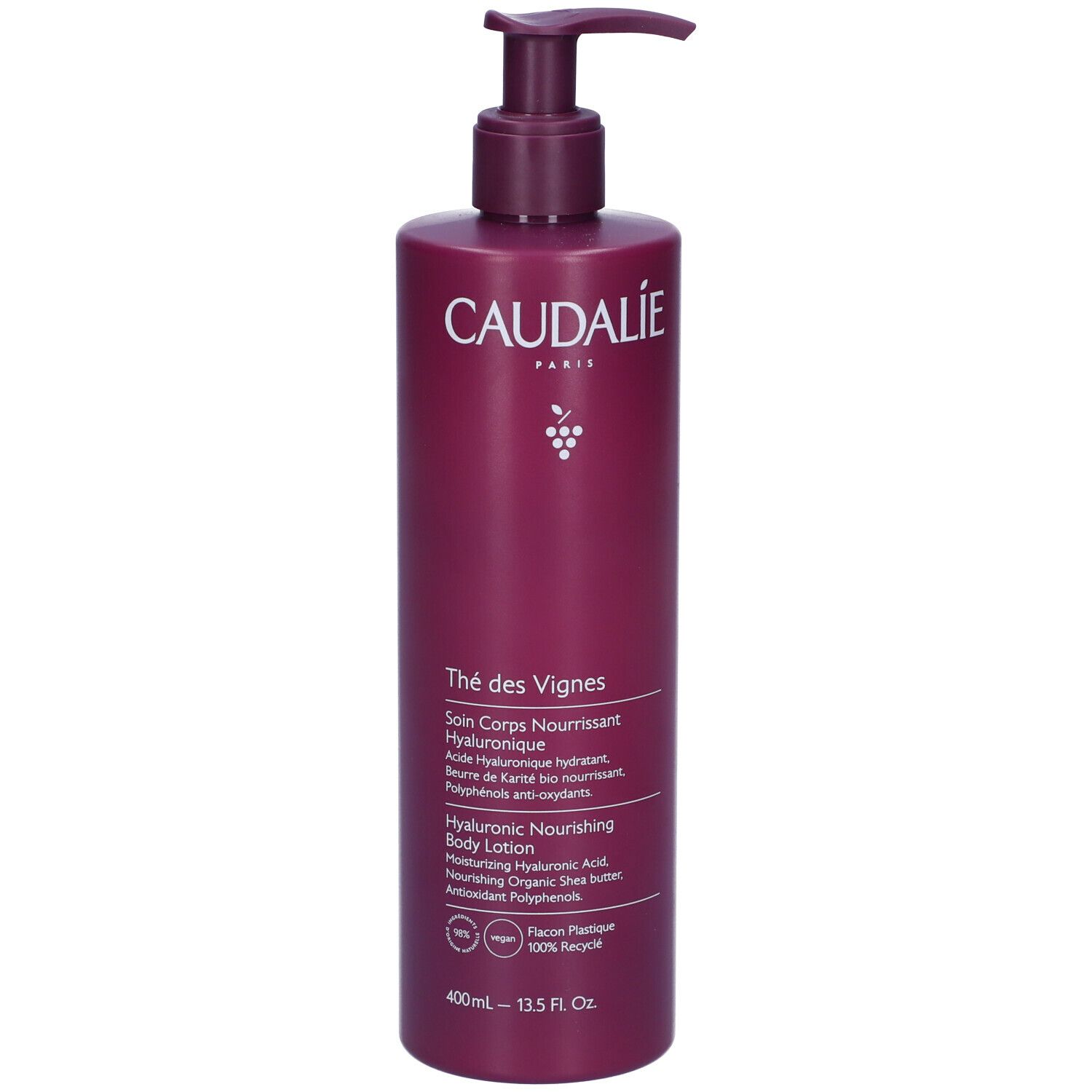 Flacone con dosatore. Logo Caudalie e nome prodotto. Testo: Thé des Vignes, Soin Corps Nourrissant Hyaluronique.