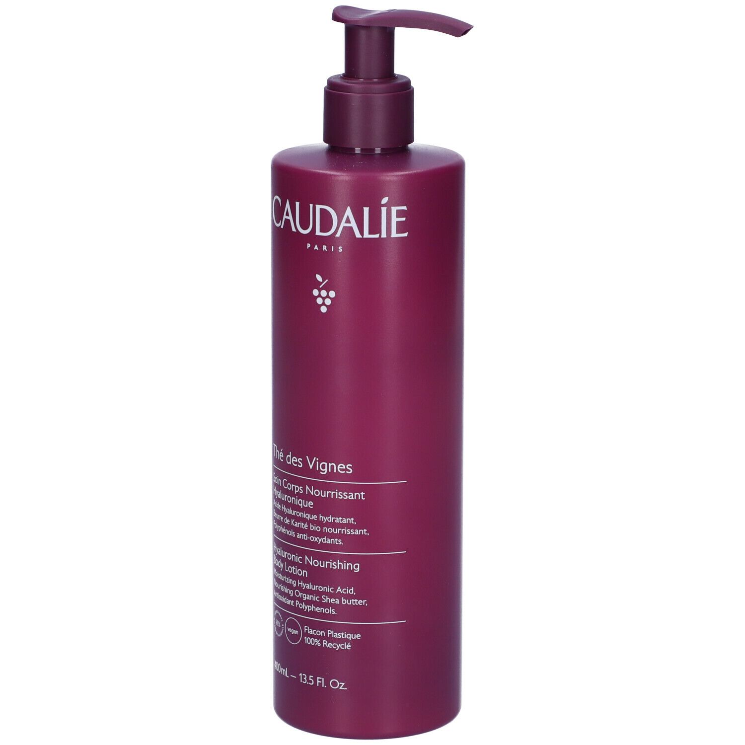 Flacone con dosatore. Logo Caudalie e nome prodotto. Testo: Thé des Vignes, Soin Corps Nourrissant Hyaluronique.