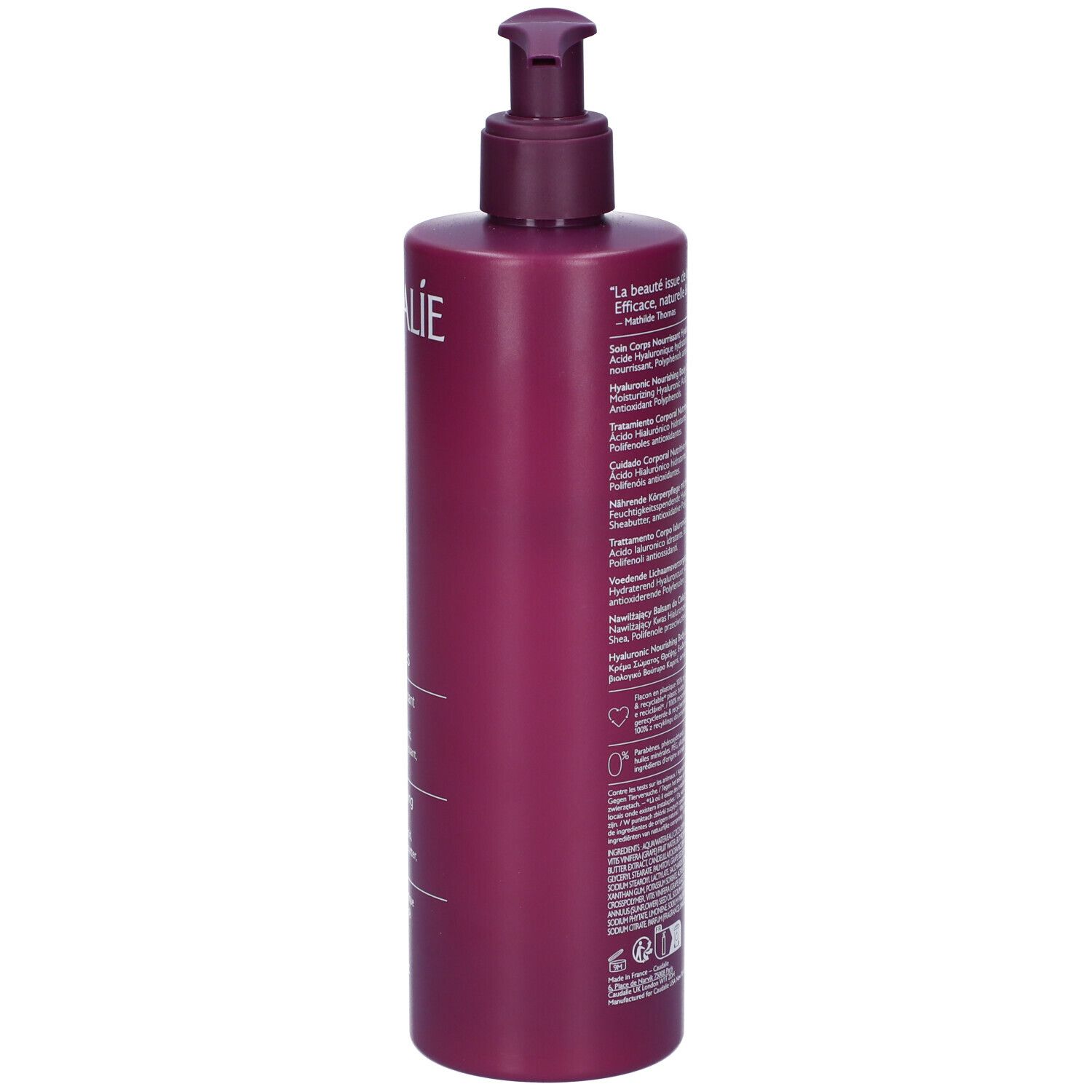 Retro flacone con dosatore. Informazioni sul prodotto. Testo: Thé des Vignes, Soin Corps Nourrissant Hyaluronique.