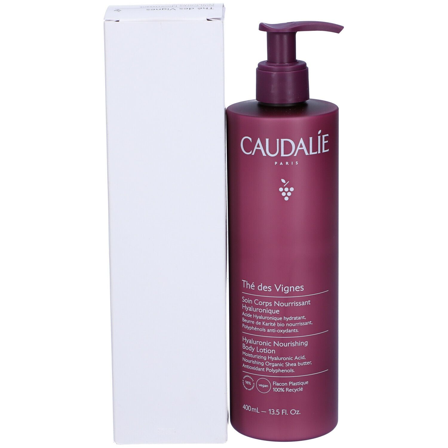 Flacone con dosatore e confezione. Logo Caudalie e nome prodotto. Testo: Thé des Vignes, Soin Corps Nourrissant Hyaluronique.