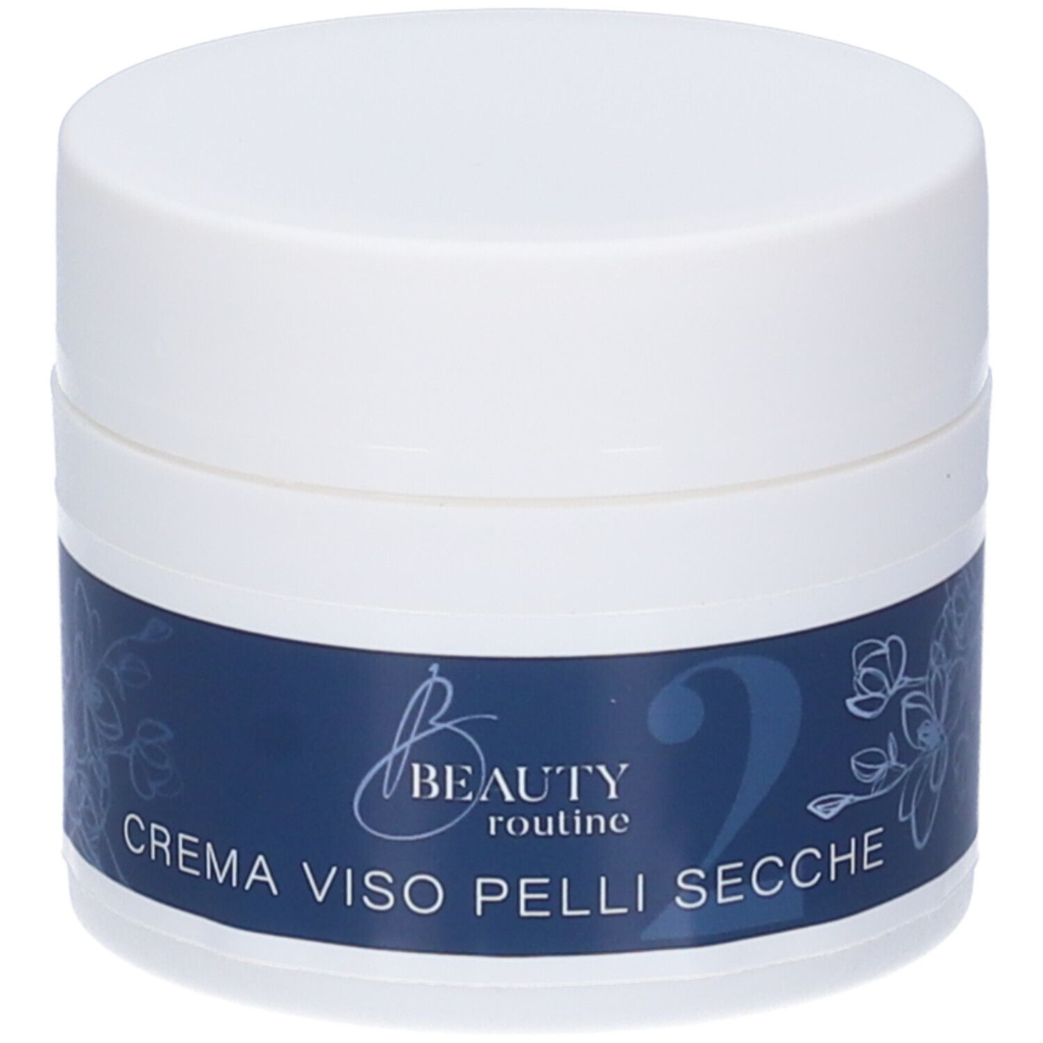 Vaso di crema bianco con fascia blu. Scritta: CREMA VISO PELLI SECCHE. Nome prodotto: Beauty Routine n°2.