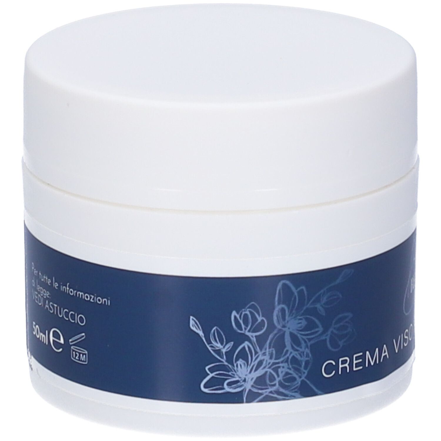 Vaso di crema bianco con fascia blu. Scritta: CREMA VISO. Testo: 50ml e 12M. Nome prodotto: Beauty Routine n°2.