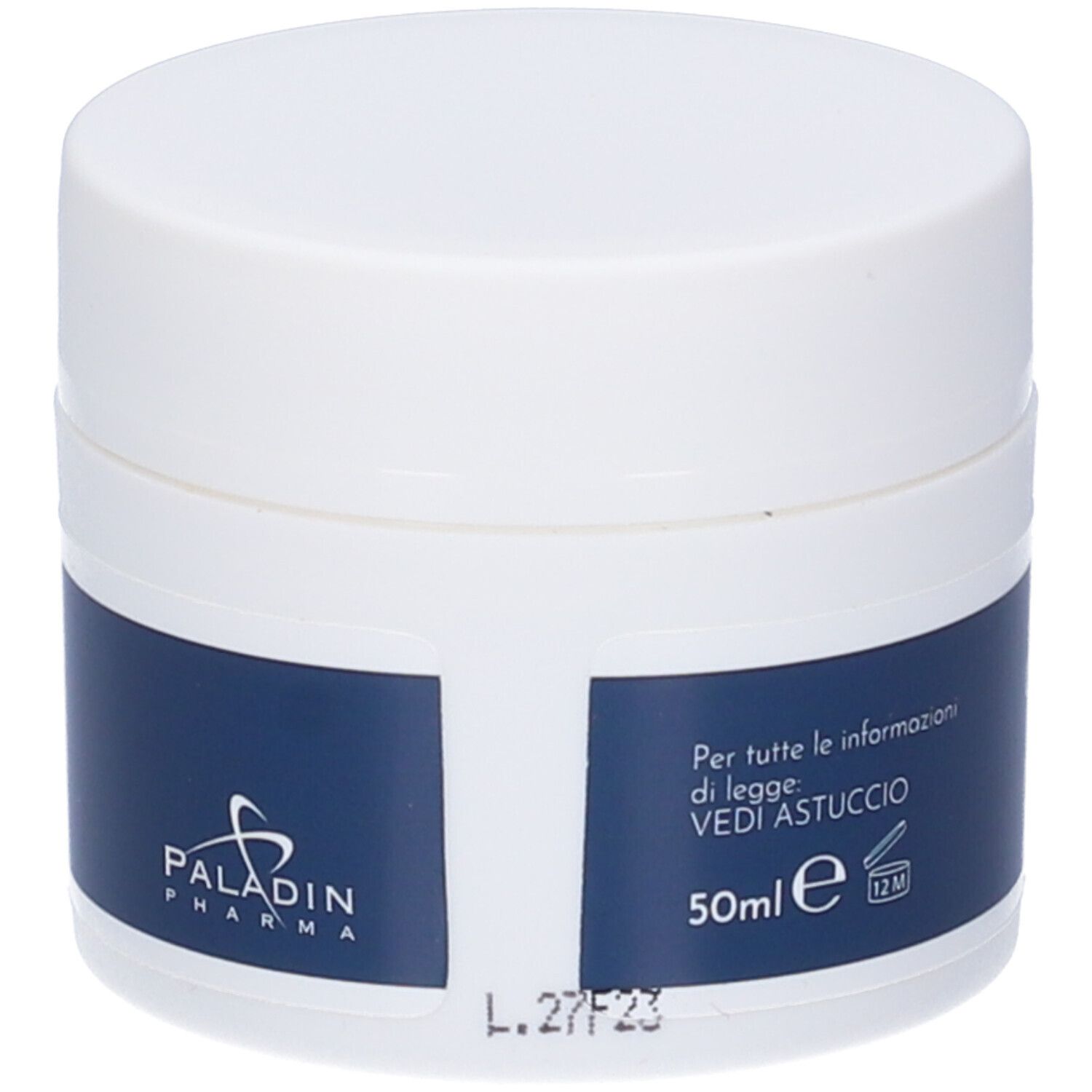 Vaso di crema bianco con fascia blu. Scritta: PALADIN PHARMA. Testo: 50ml e. Nome prodotto: Beauty Routine n°2.