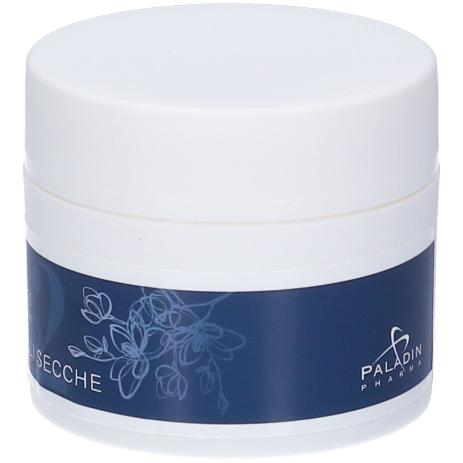 Vaso di crema bianco con fascia blu. Scritta: CREMA VISO PELLI SECCHE. Nome prodotto: Beauty Routine n°2.