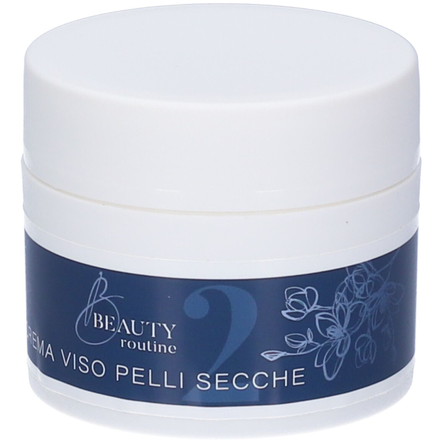 Vaso di crema bianco con fascia blu. Scritta: CREMA VISO PELLI SECCHE. Nome prodotto: Beauty Routine n°2.