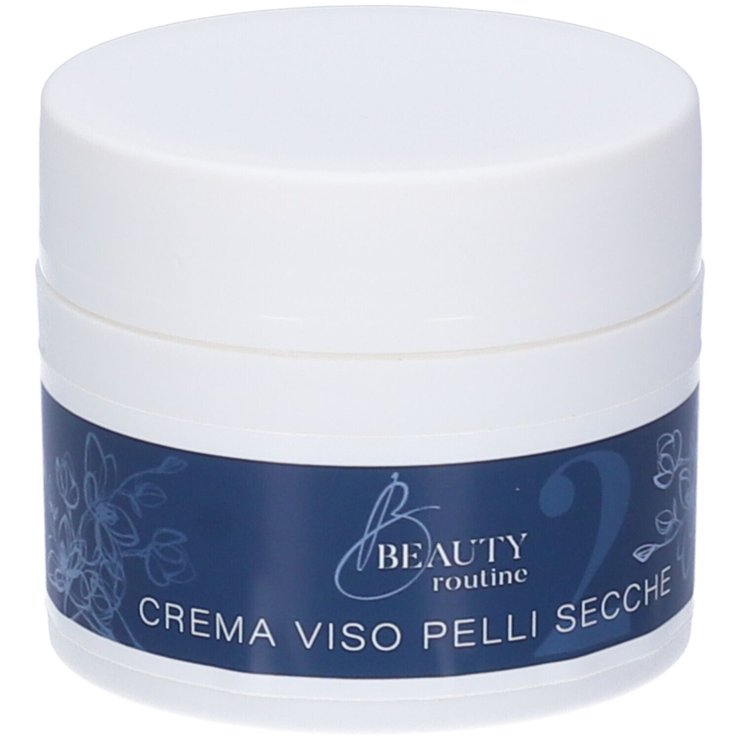 Vaso di crema bianco con fascia blu. Scritta: CREMA VISO PELLI SECCHE. Nome prodotto: Beauty Routine n°2.