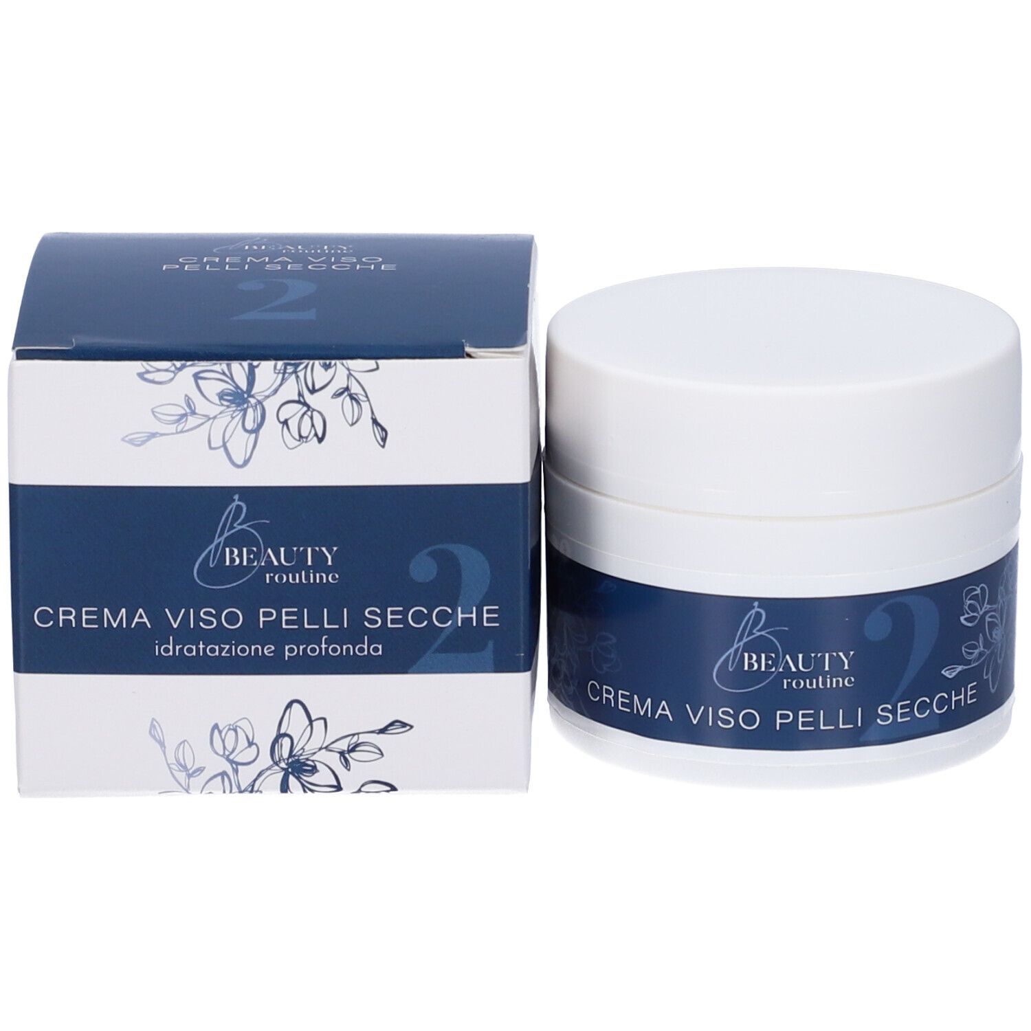 Vaso di crema e scatola. Scritta: CREMA VISO PELLI SECCHE. Nome prodotto: Beauty Routine n°2. Testo: idratazione profonda.