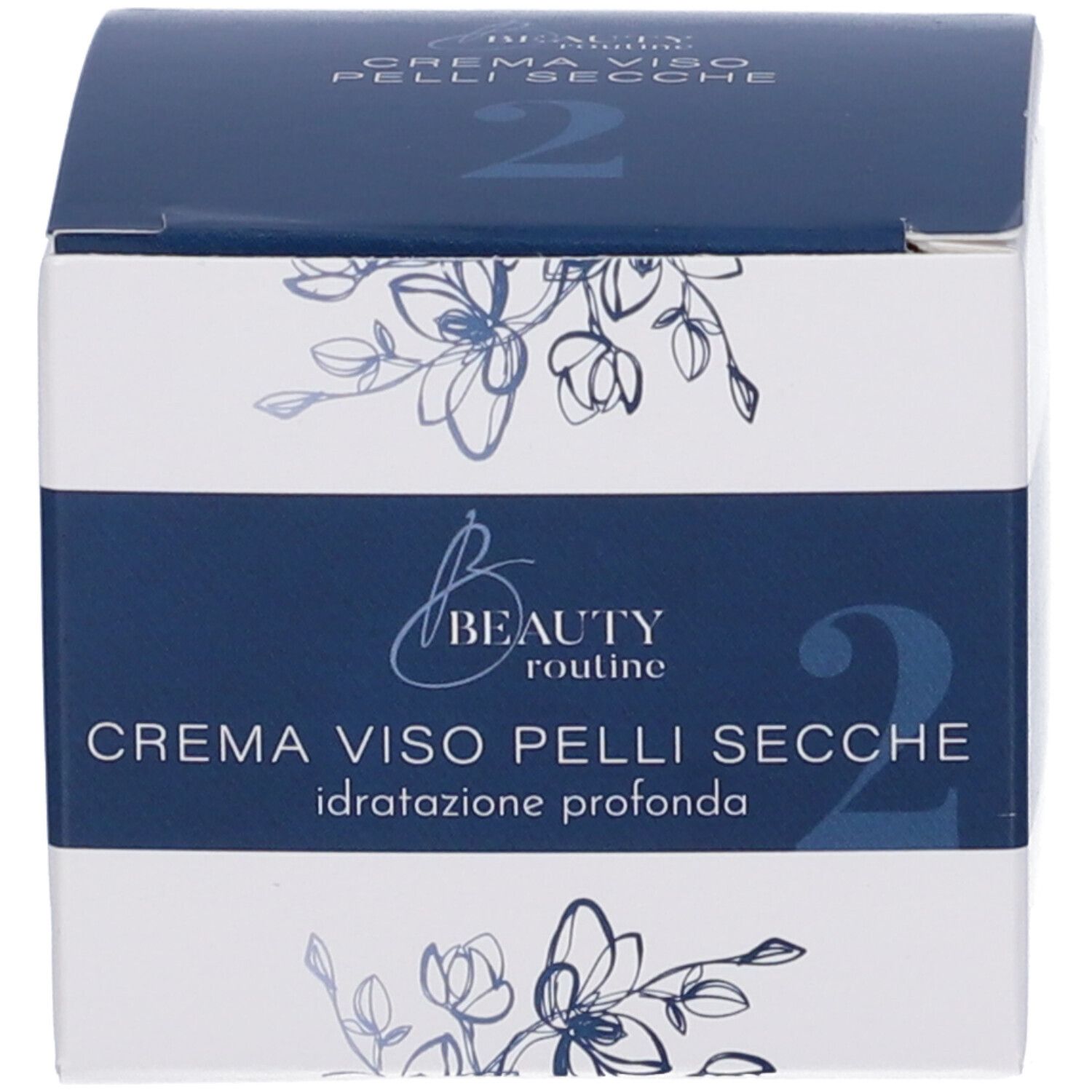 Scatola. Scritta: CREMA VISO PELLI SECCHE. Nome prodotto: Beauty Routine n°2. Testo: idratazione profonda.