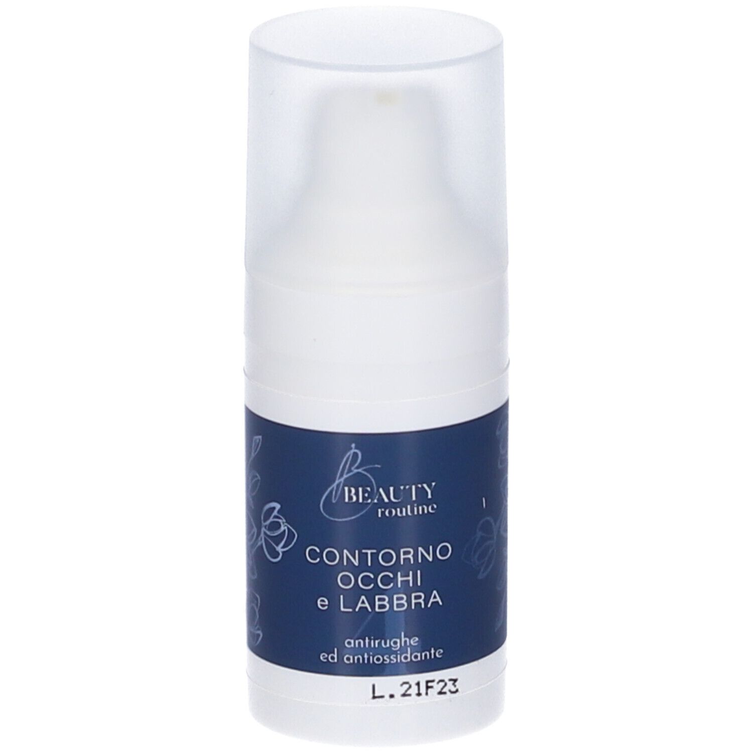 Flacone di crema con tappo. Scritta: Contorno Occhi e Labbra, antirughe ed antiossidante. L.21F23.