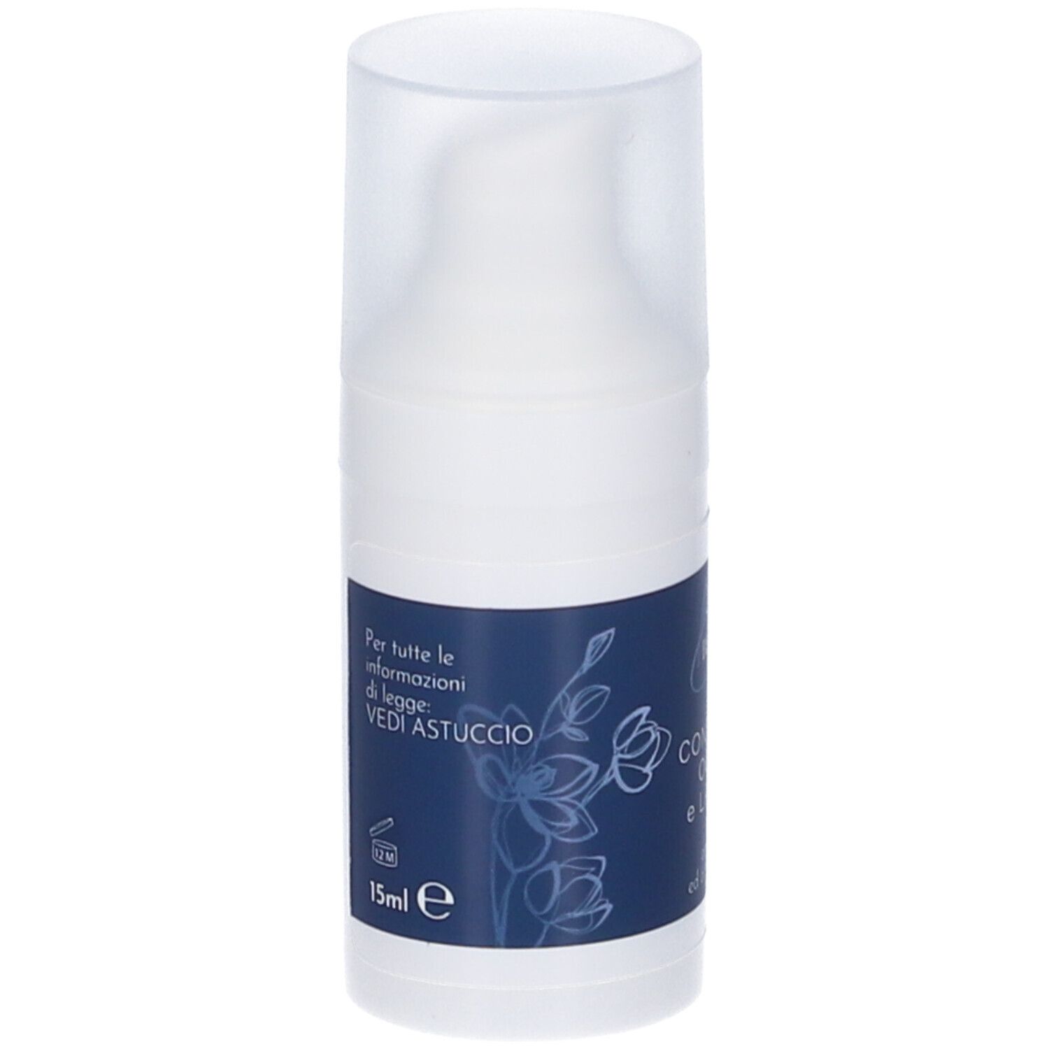 Flacone di crema con tappo. Scritta: Vedi astuccio, 15ml e. Fascia blu con motivo floreale.