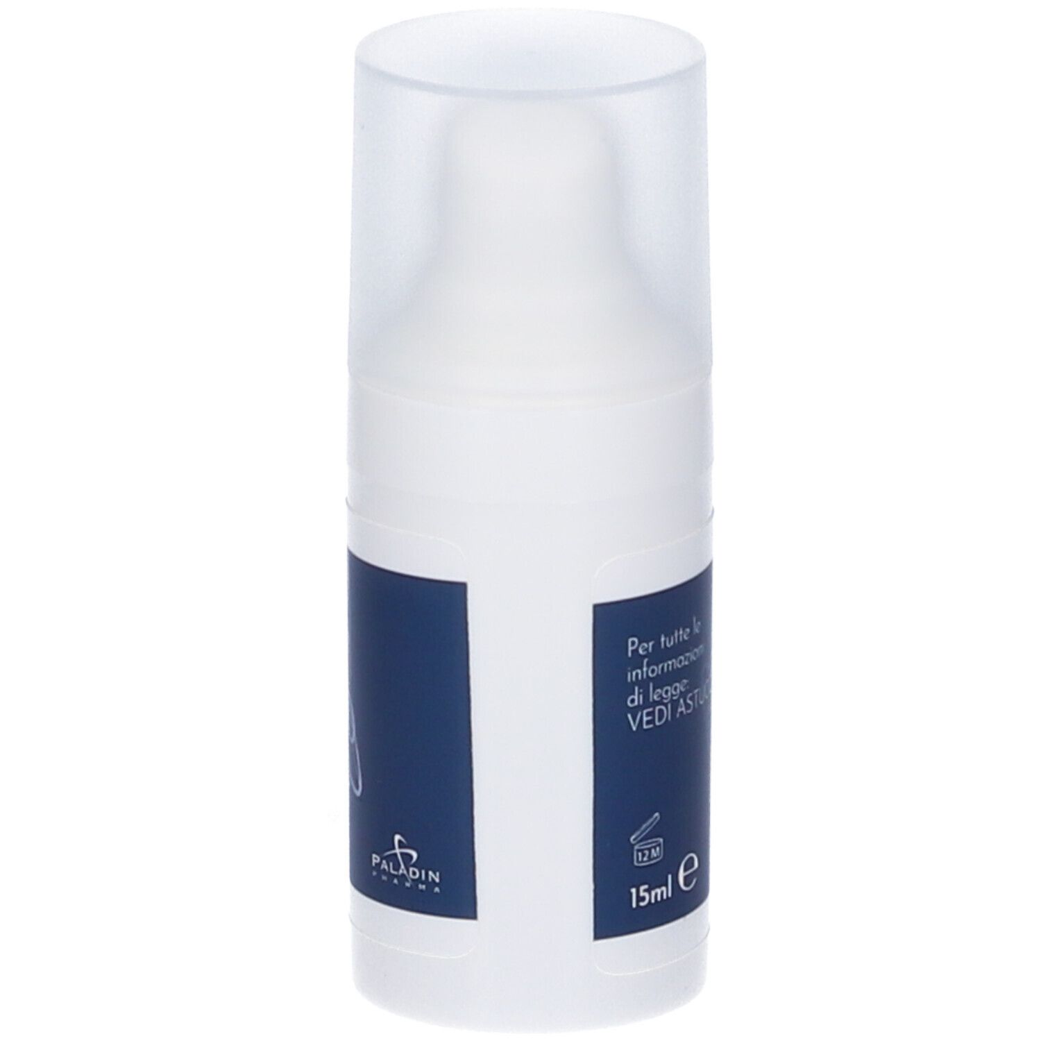 Flacone di crema con tappo. Scritta: 15ml e. Logo Paladin Pharma. Fascia blu.
