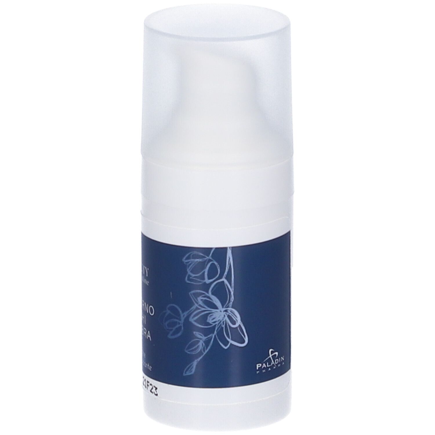 Flacone di crema con tappo. Scritta: Contorno Occhi e Labbra. Logo Paladin Pharma. Fascia blu.
