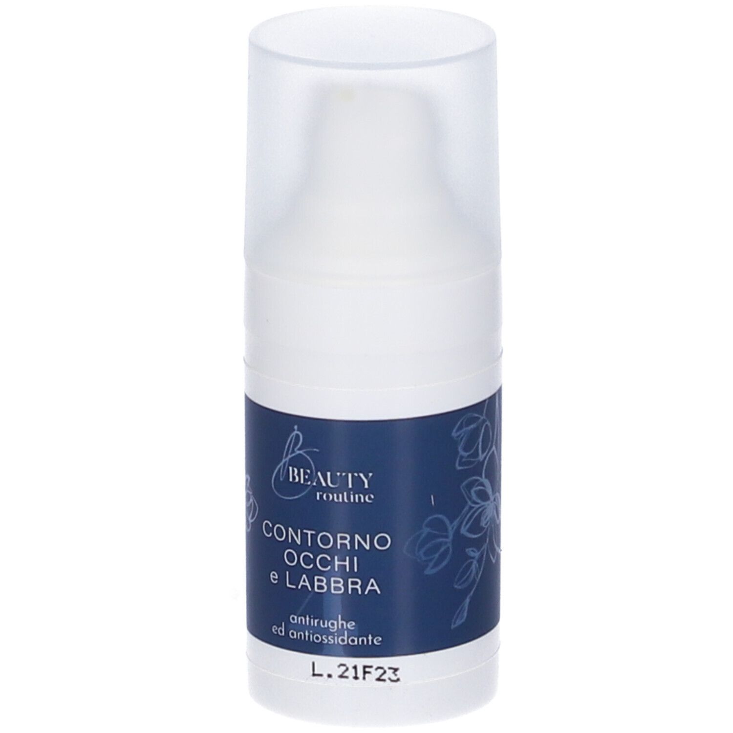 Flacone di crema con tappo. Scritta: Contorno Occhi e Labbra, antirughe ed antiossidante. L.21F23. Fascia blu.