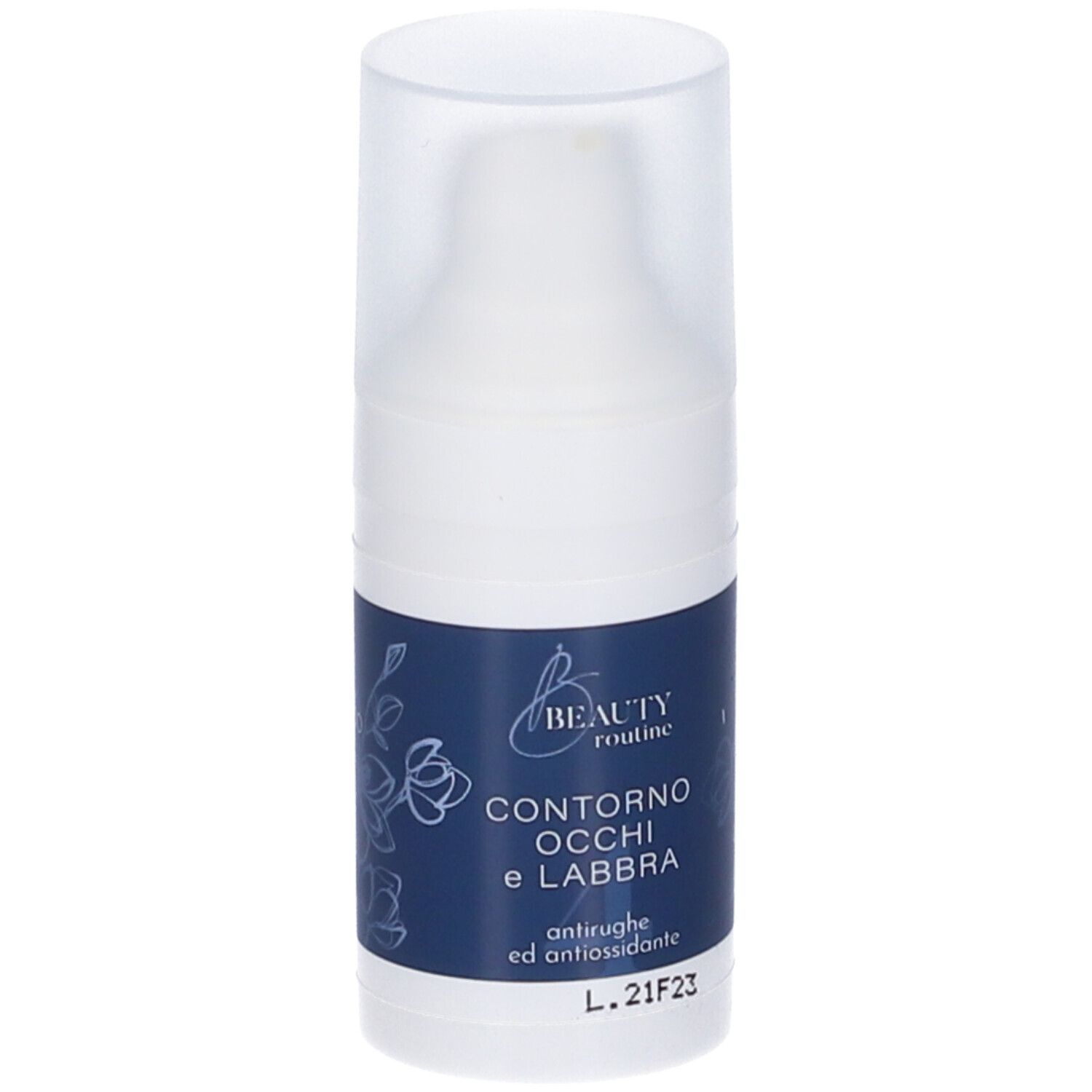 Flacone di crema con tappo. Scritta: Contorno Occhi e Labbra, antirughe ed antiossidante. L.21F23. Fascia blu.
