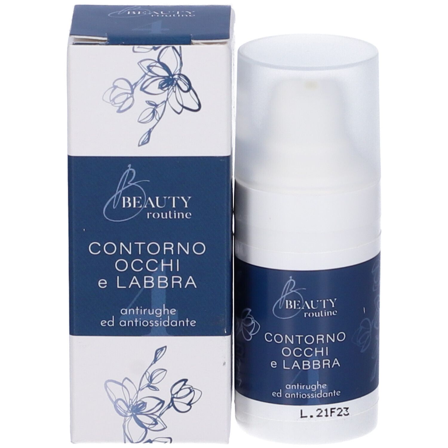 Prodotto e confezione. Flacone di crema e scatola. Scritta: Contorno Occhi e Labbra. Fascia blu.