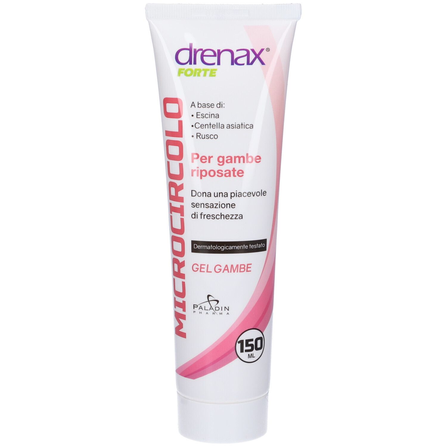 Tubo bianco-rosa con nome del prodotto e ingredienti. 150 ml. Logo Paladin Pharma.