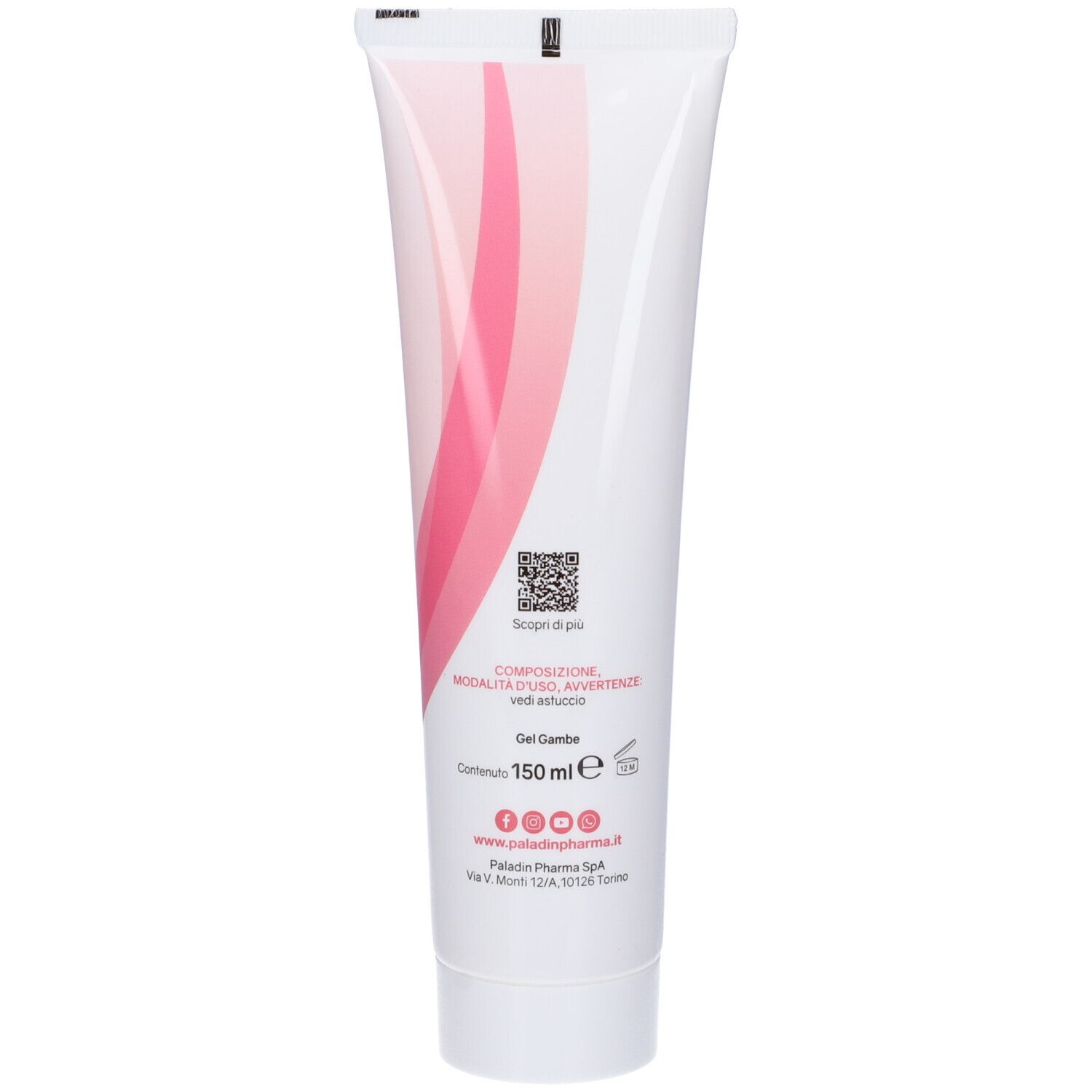 Retro del tubo. Testo su ingredienti e uso. Codice QR. 150 ml.