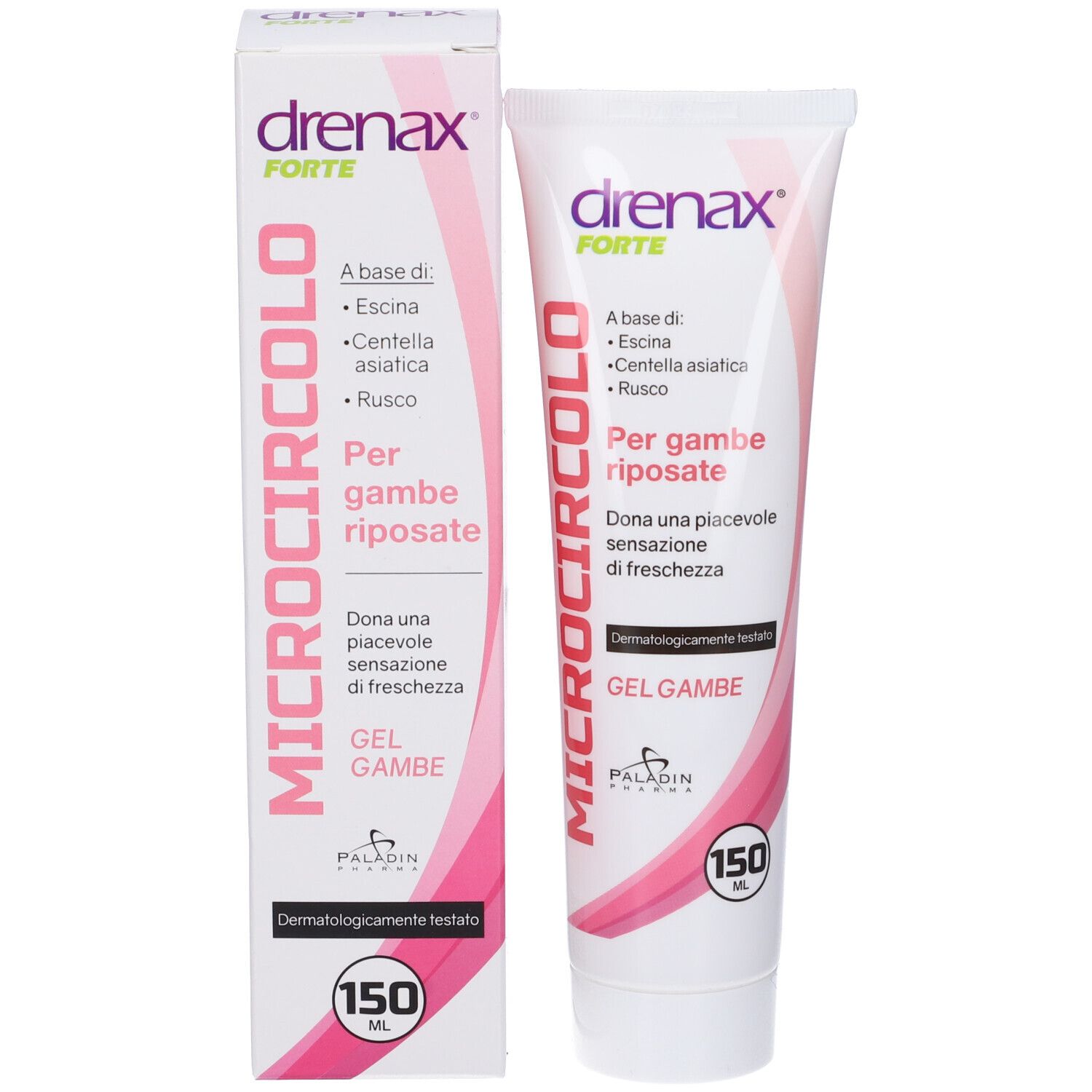 Confezione e tubo del prodotto. Confezione con nome del prodotto e ingredienti. 150 ml.