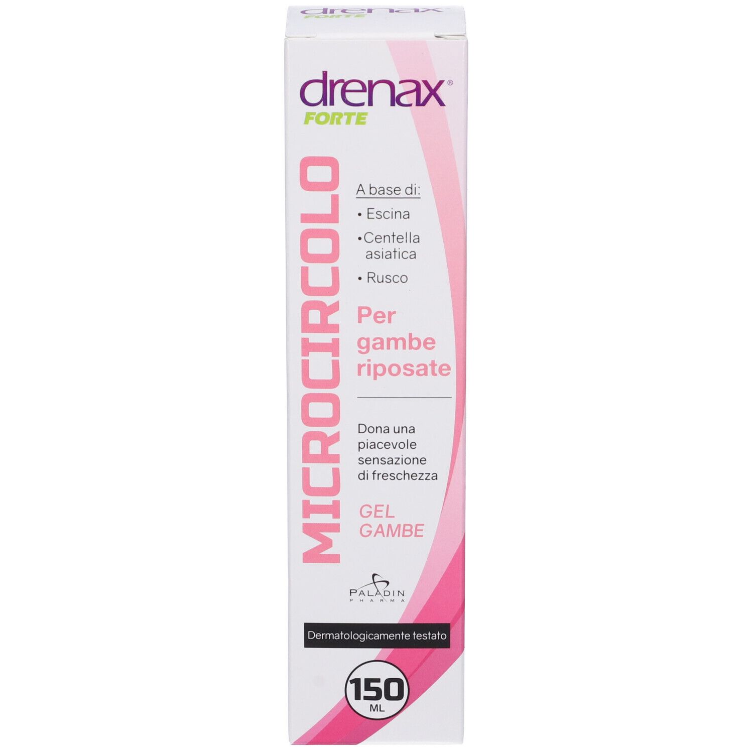 Confezione del prodotto. Bianco con accenti rosa. Nome del prodotto e ingredienti. 150 ml.