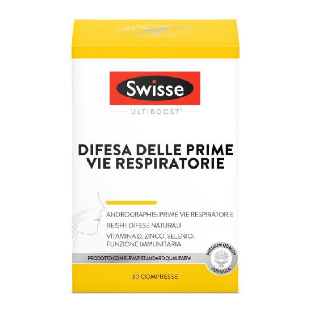 Scatola bianca e gialla con stampa del prodotto. Testo: Swisse, Difesa delle Prime Vie Respiratorie. 30 compresse.