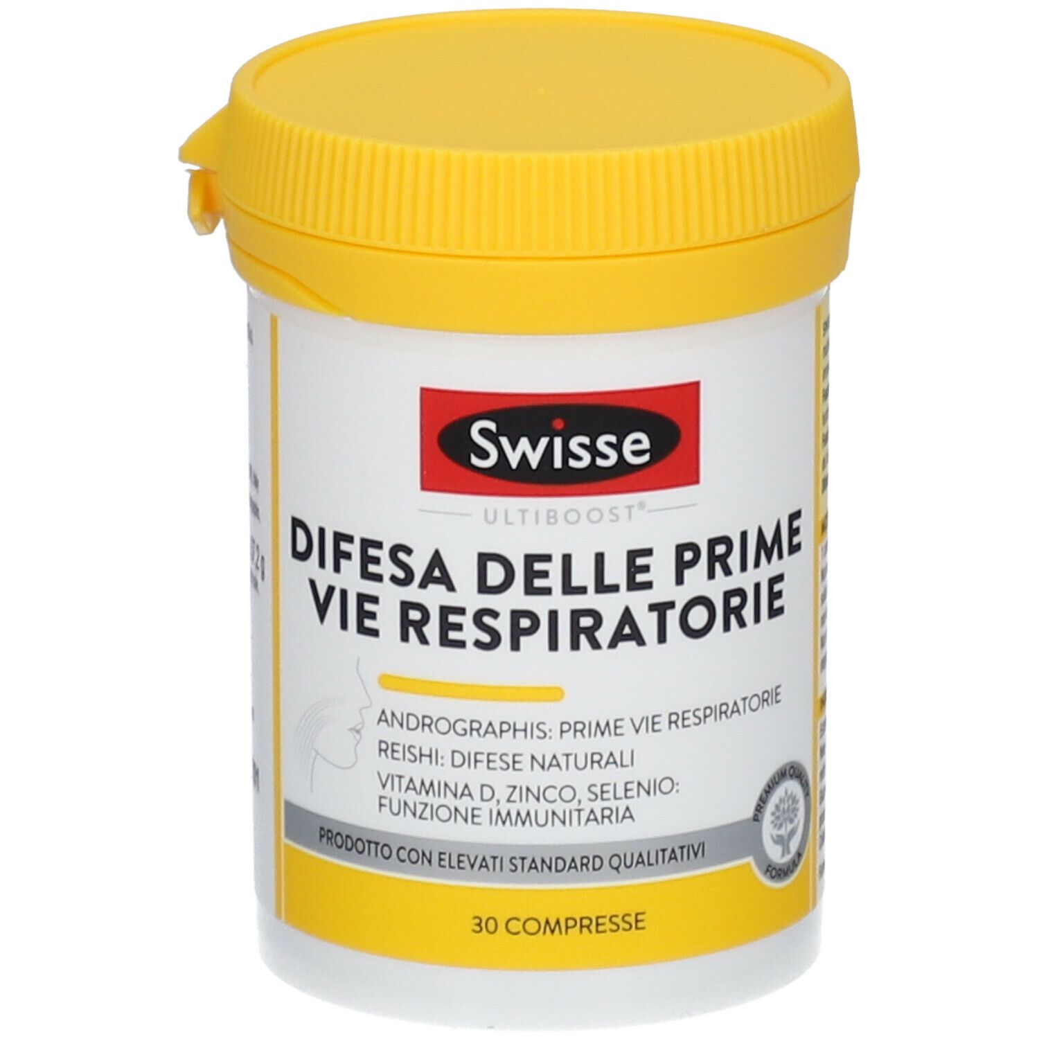 Barattolo bianco e giallo con stampa del prodotto. Testo: Swisse, Difesa delle Prime Vie Respiratorie. 30 compresse. Coperchio giallo.