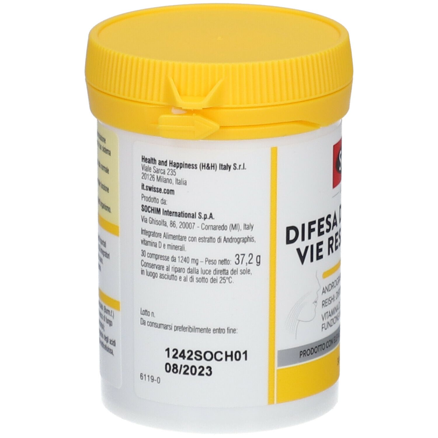 Retro del barattolo bianco con coperchio giallo. Testo e informazioni sul prodotto. Stampa: 1242SOCH01 08/2023.