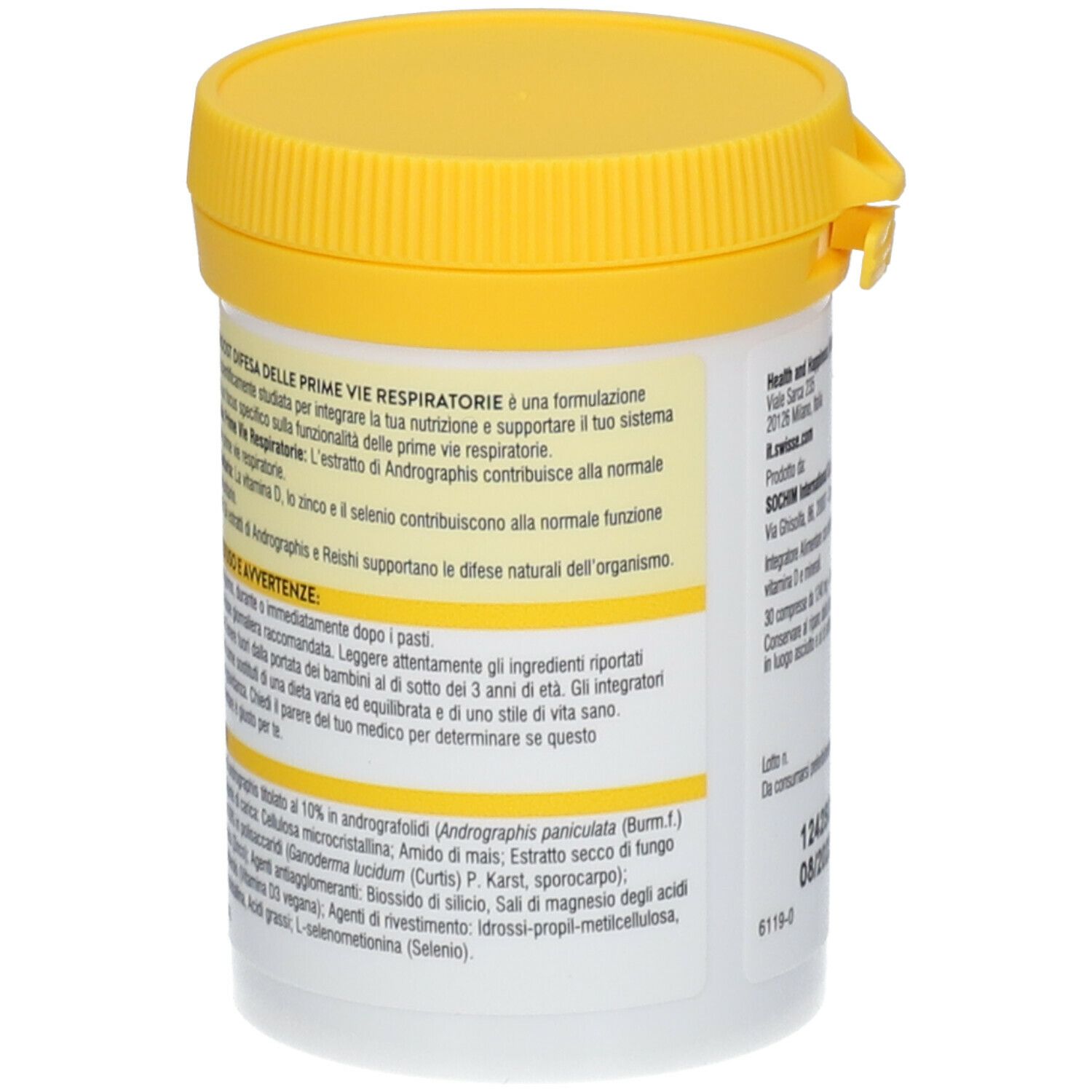 Retro del barattolo bianco con coperchio giallo. Testo e informazioni sul prodotto. Ingredienti e utilizzo.