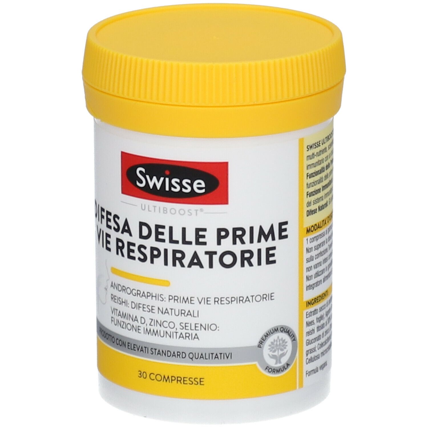 Barattolo bianco e giallo con stampa del prodotto. Testo: Swisse, Difesa delle Prime Vie Respiratorie. 30 compresse. Coperchio giallo.