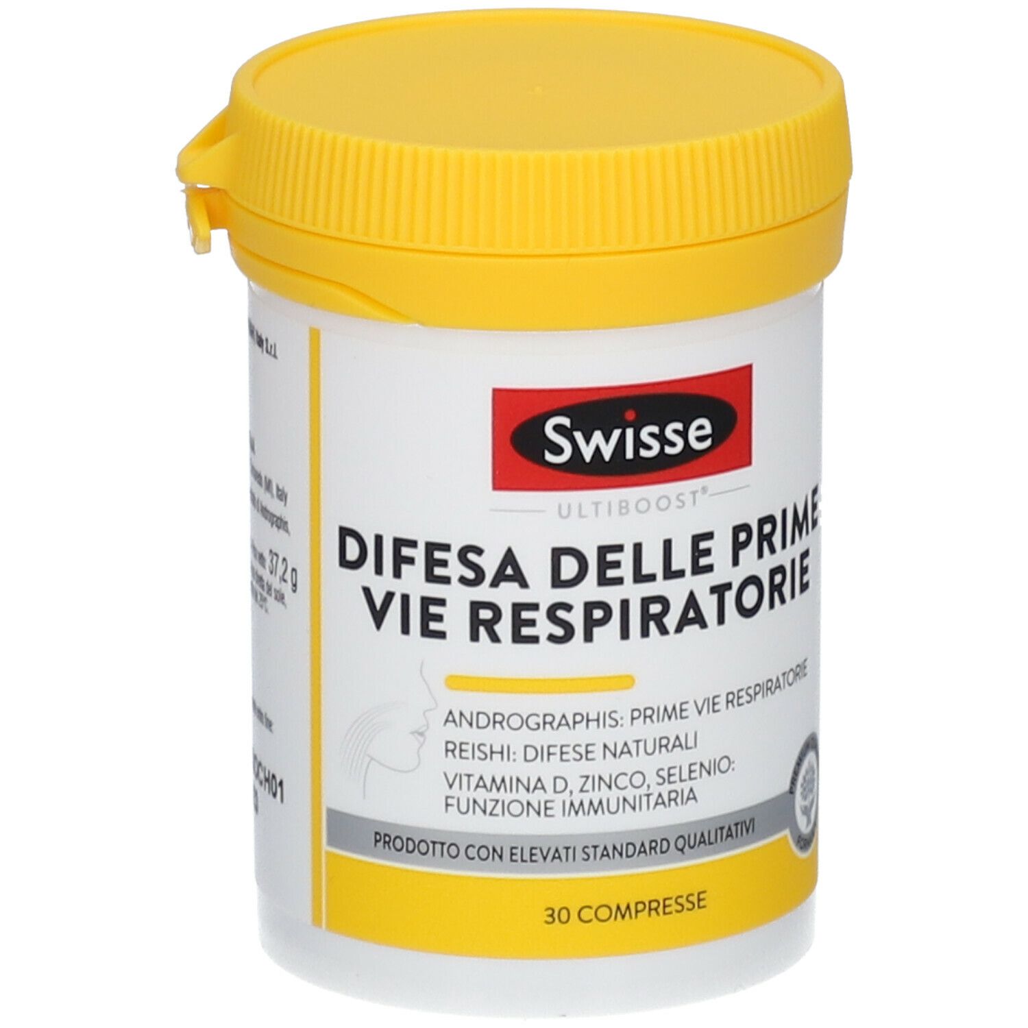 Barattolo bianco e giallo con stampa del prodotto. Testo: Swisse, Difesa delle Prime Vie Respiratorie. 30 compresse. Coperchio giallo.