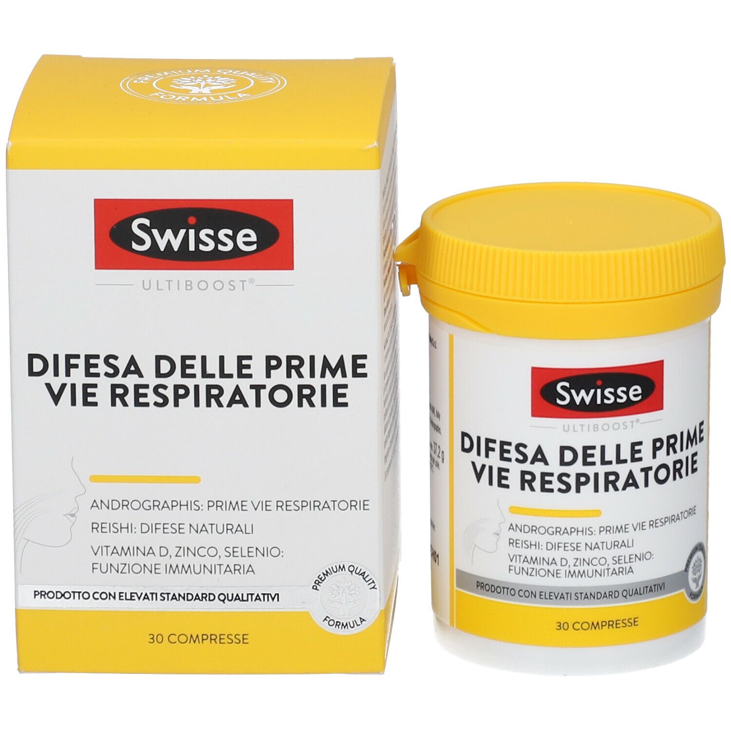 Confezione del prodotto: barattolo e scatola. Testo: Swisse, Difesa delle Prime Vie Respiratorie. 30 compresse. Coperchio giallo.