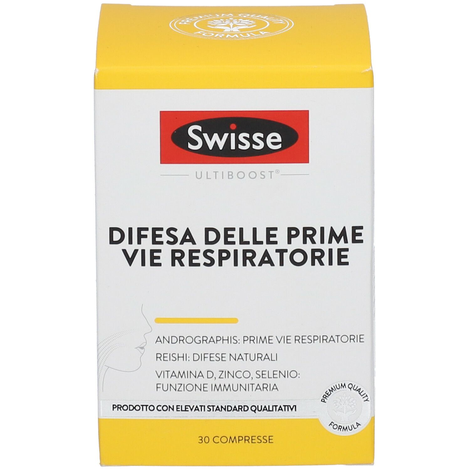 Scatola bianca e gialla con stampa del prodotto. Testo: Swisse, Difesa delle Prime Vie Respiratorie. 30 compresse.