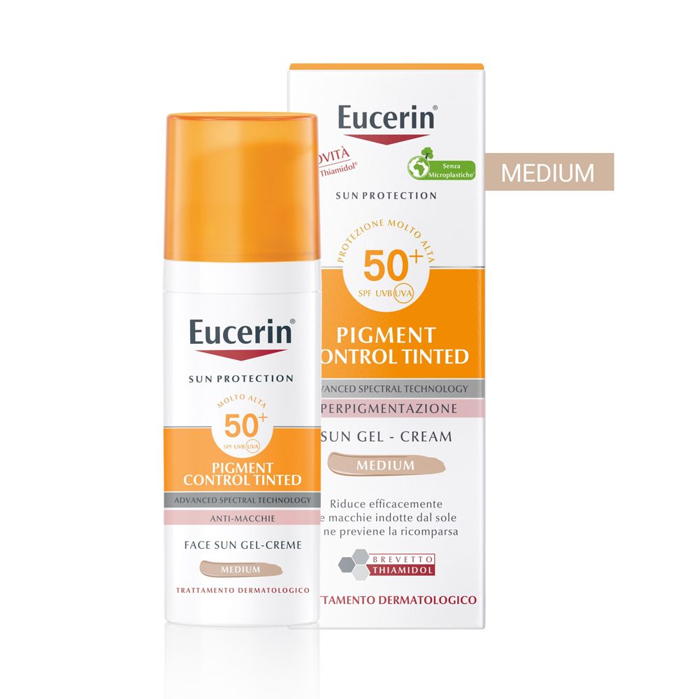 Eucerin Pigment Control crema solare colorata SPF 50+. Tubo e confezione bianchi. Tappo arancione. Testo: Medium.