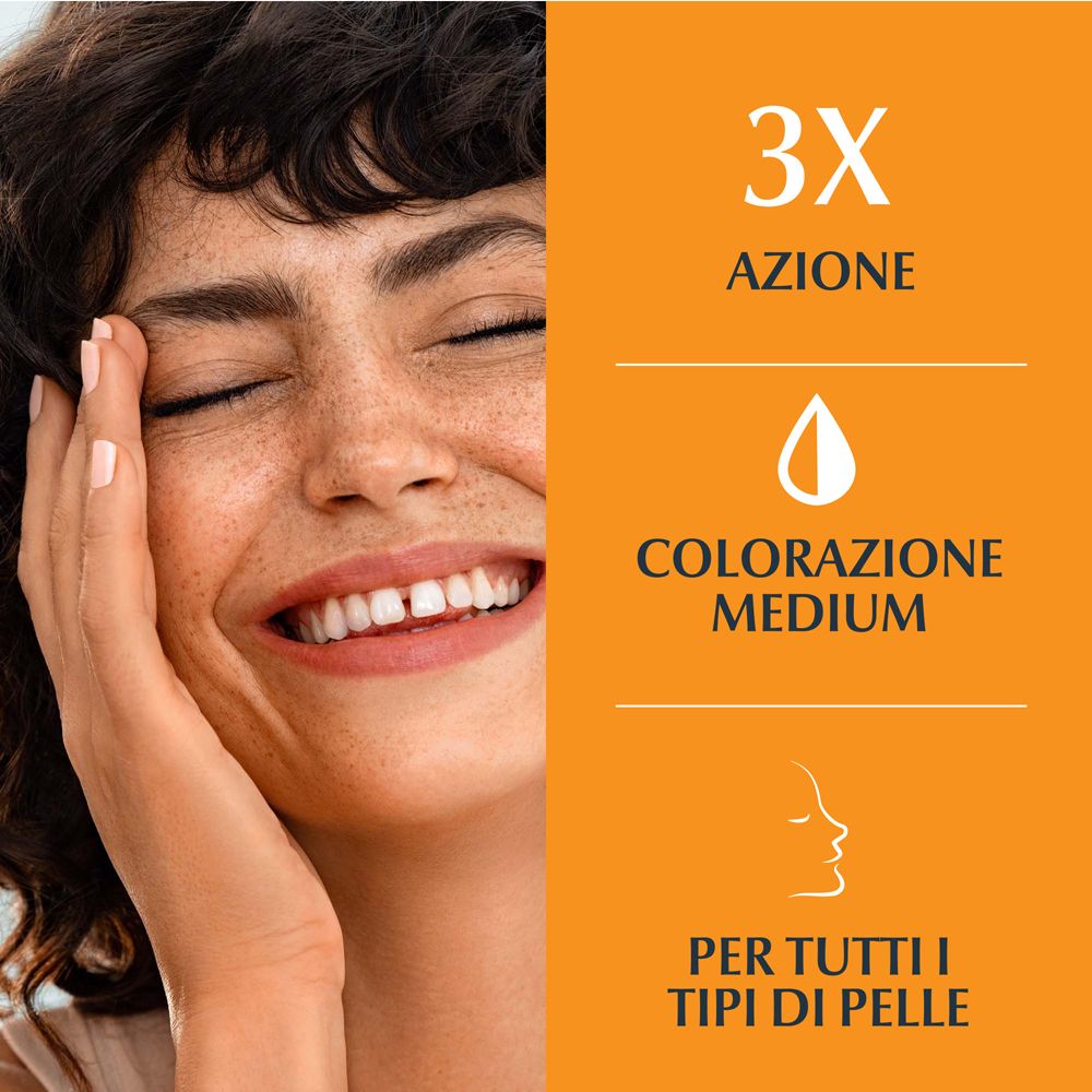 Donna con occhi chiusi. Testo: 3x azione, colorazione Medium, per tutti i tipi di pelle.
